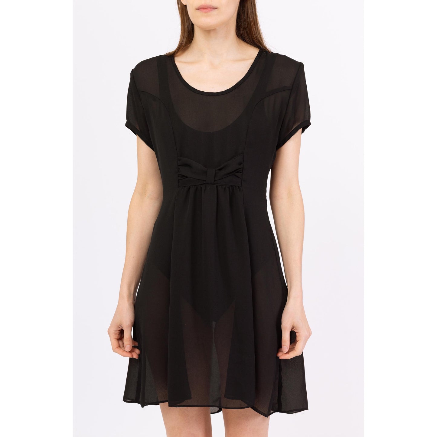 Vintage 90s Sheer Black Babydoll Mini Dress - Medium | Grunge Short Sleeve Bow Tie A Line Party Dress