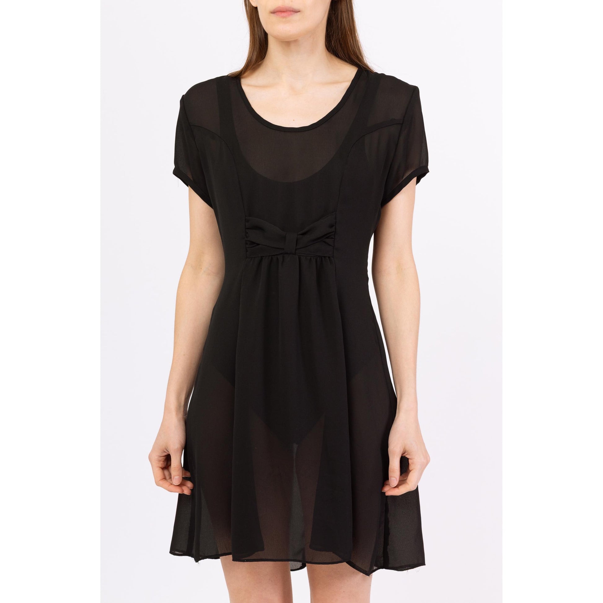 Vintage 90s Sheer Black Babydoll Mini Dress - Medium | Grunge Short Sleeve Bow Tie A Line Party Dress