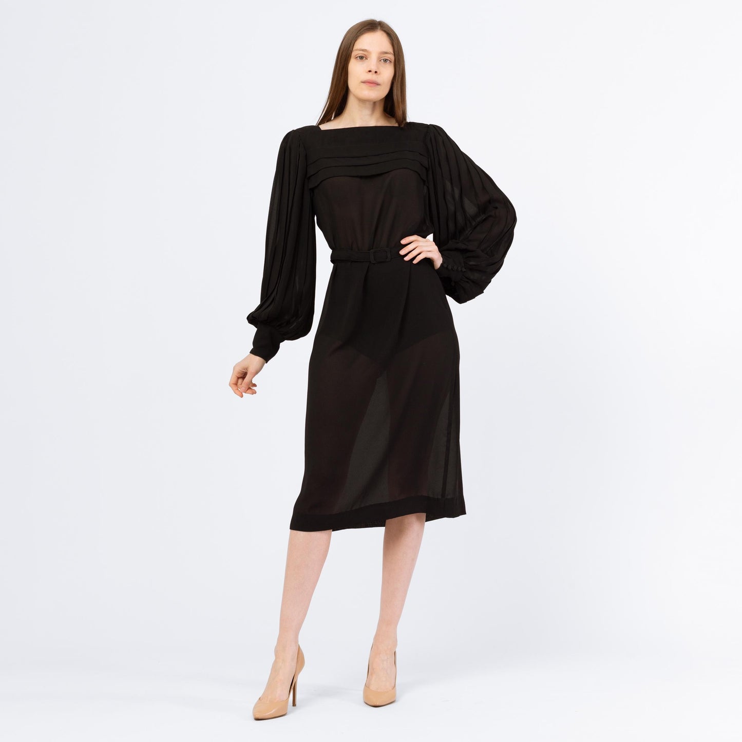 Vintage 70s Sheer Black Balloon Sleeve Cocktail Dress - Medium | Leslie Fay Belted Pleated Long Sleeve Midi Party Dress