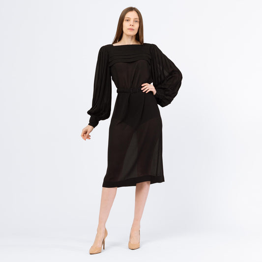 Vintage 70s Sheer Black Balloon Sleeve Cocktail Dress - Medium | Leslie Fay Belted Pleated Long Sleeve Midi Party Dress