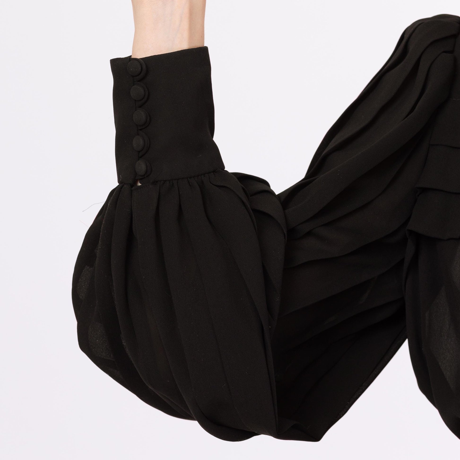 Vintage 70s Sheer Black Balloon Sleeve Cocktail Dress - Medium | Leslie Fay Belted Pleated Long Sleeve Midi Party Dress