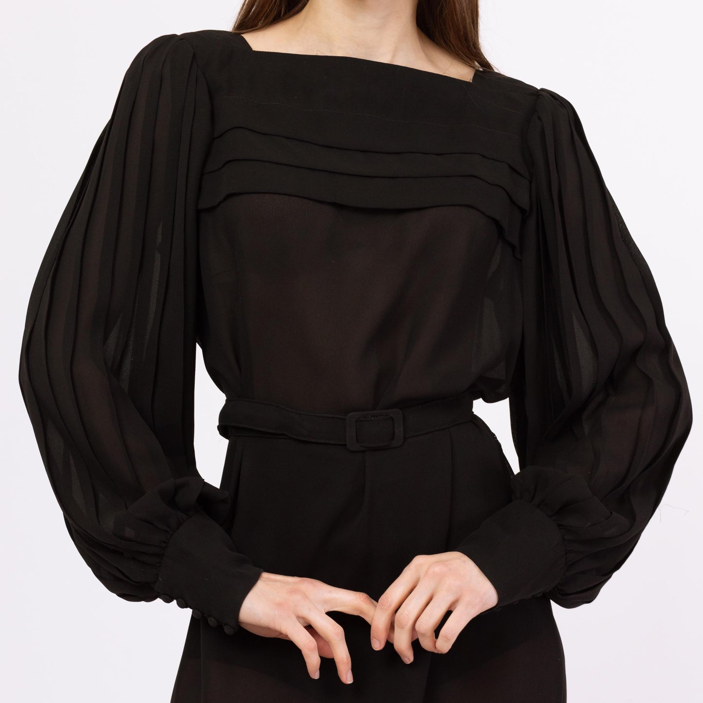 Vintage 70s Sheer Black Balloon Sleeve Cocktail Dress - Medium | Leslie Fay Belted Pleated Long Sleeve Midi Party Dress