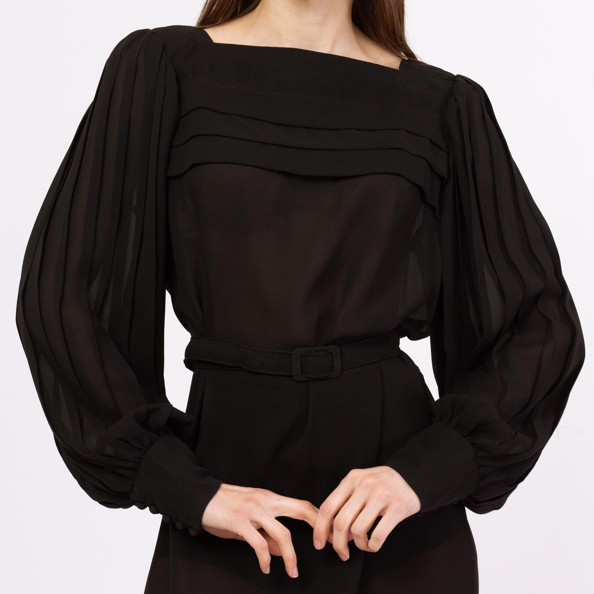 Vintage 70s Sheer Black Balloon Sleeve Cocktail Dress - Medium | Leslie Fay Belted Pleated Long Sleeve Midi Party Dress