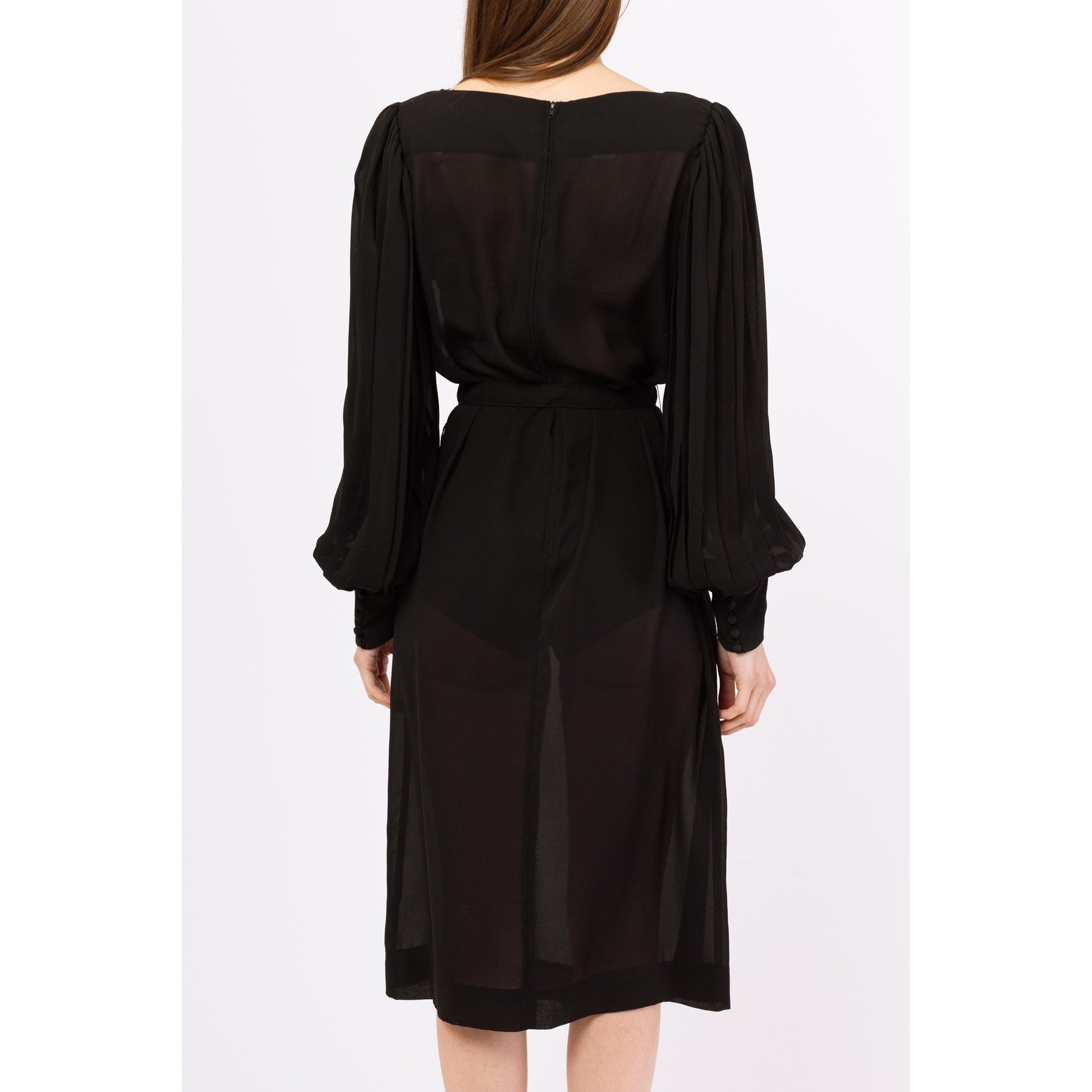 Vintage 70s Sheer Black Balloon Sleeve Cocktail Dress - Medium | Leslie Fay Belted Pleated Long Sleeve Midi Party Dress