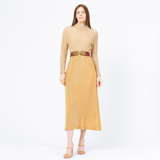Vintage 70s Gold Lurex Knit Maxi Hostess Dress - Small | Metallic Long Dolman Sleeve Formal Disco Party Dress