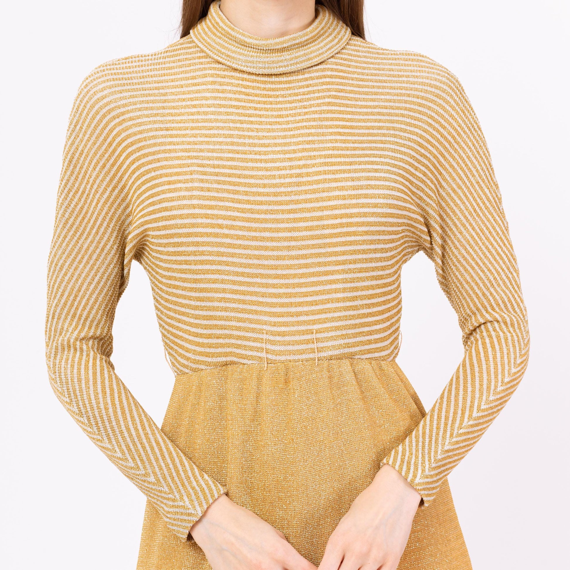 Vintage 70s Gold Lurex Knit Maxi Hostess Dress - Small | Metallic Long Dolman Sleeve Formal Disco Party Dress