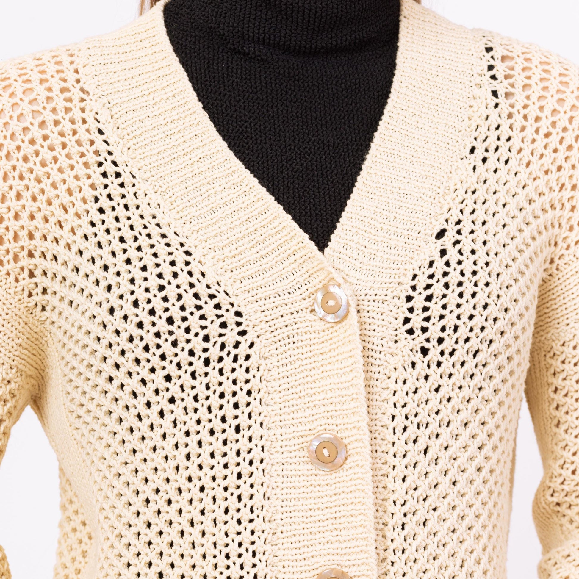 Vintage Y2K Cream Crochet Knit Cardigan - Small to Medium | Minimalist Cropped Button Up Open Weave Lightweight Sweater