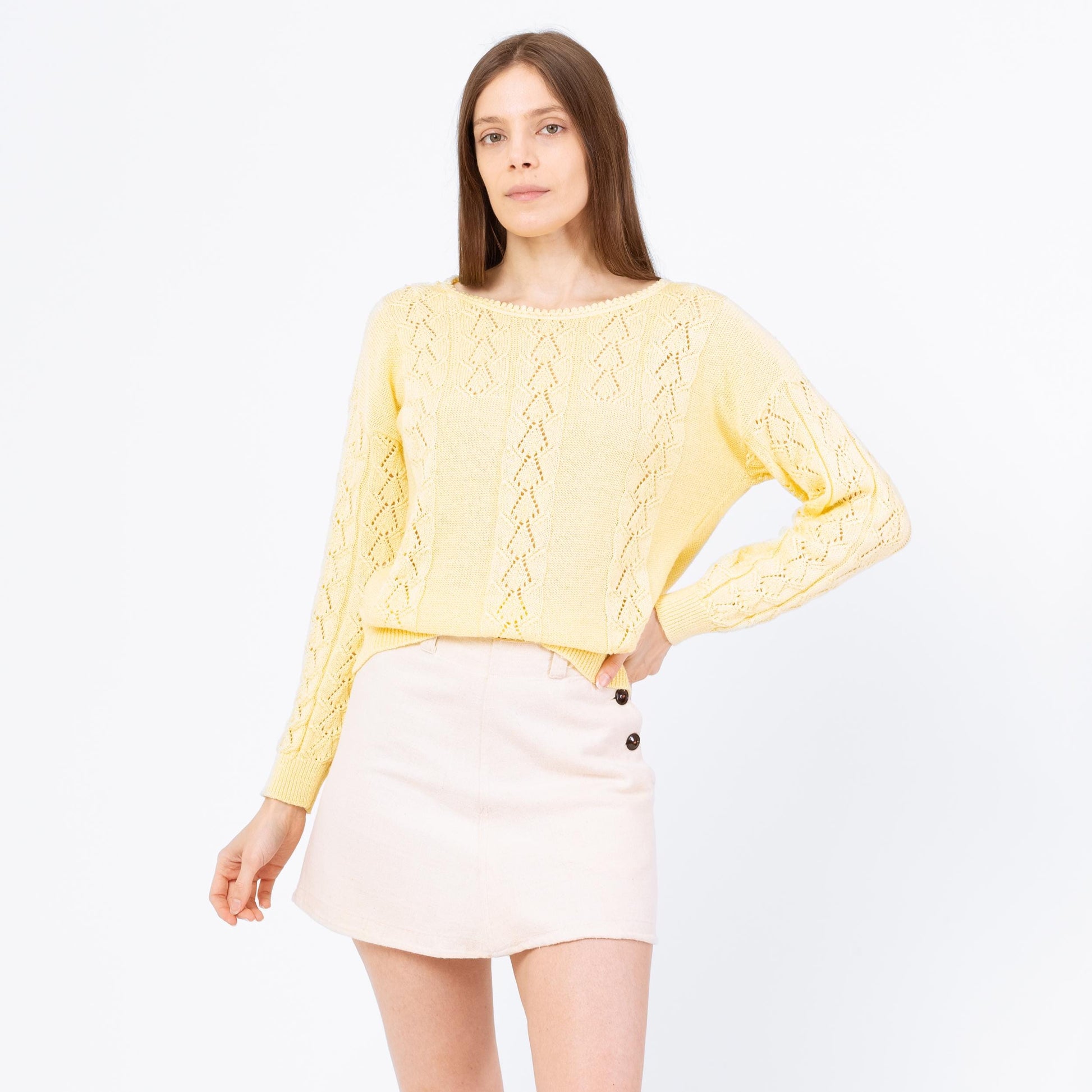 Vintage 70s Butter Yellow Eyelet Knit Sweater - Medium | Boho Lightweight Knit Pullover, Cottagecore Pastel Spring Sweater