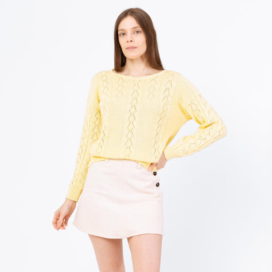 Vintage 70s Butter Yellow Eyelet Knit Sweater - Medium | Boho Lightweight Knit Pullover, Cottagecore Pastel Spring Sweater