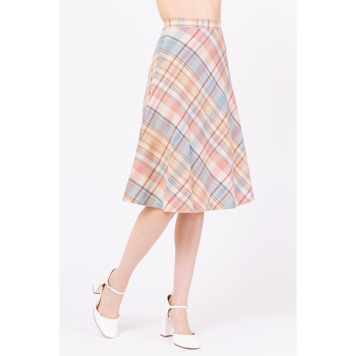 Vintage 70s Pastel Plaid Schoolgirl Midi Skirt - Extra Small, 23" Waist | Preppy Light Academia Outfit, A Line High Waisted Wool Knit Skirt