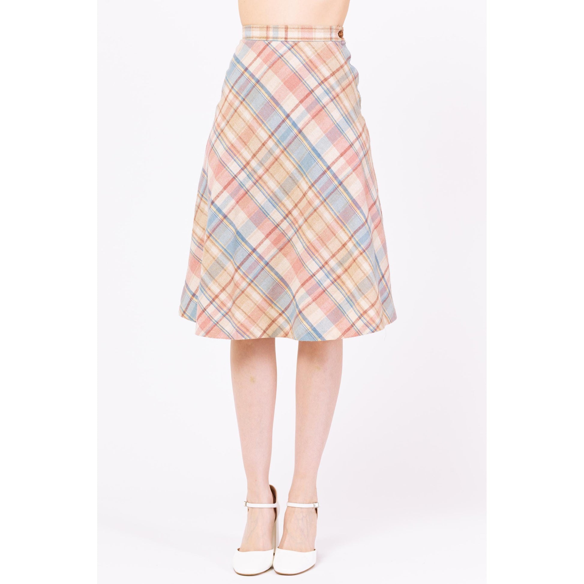 Vintage 70s Pastel Plaid Schoolgirl Midi Skirt - Extra Small, 23" Waist | Preppy Light Academia Outfit, A Line High Waisted Wool Knit Skirt