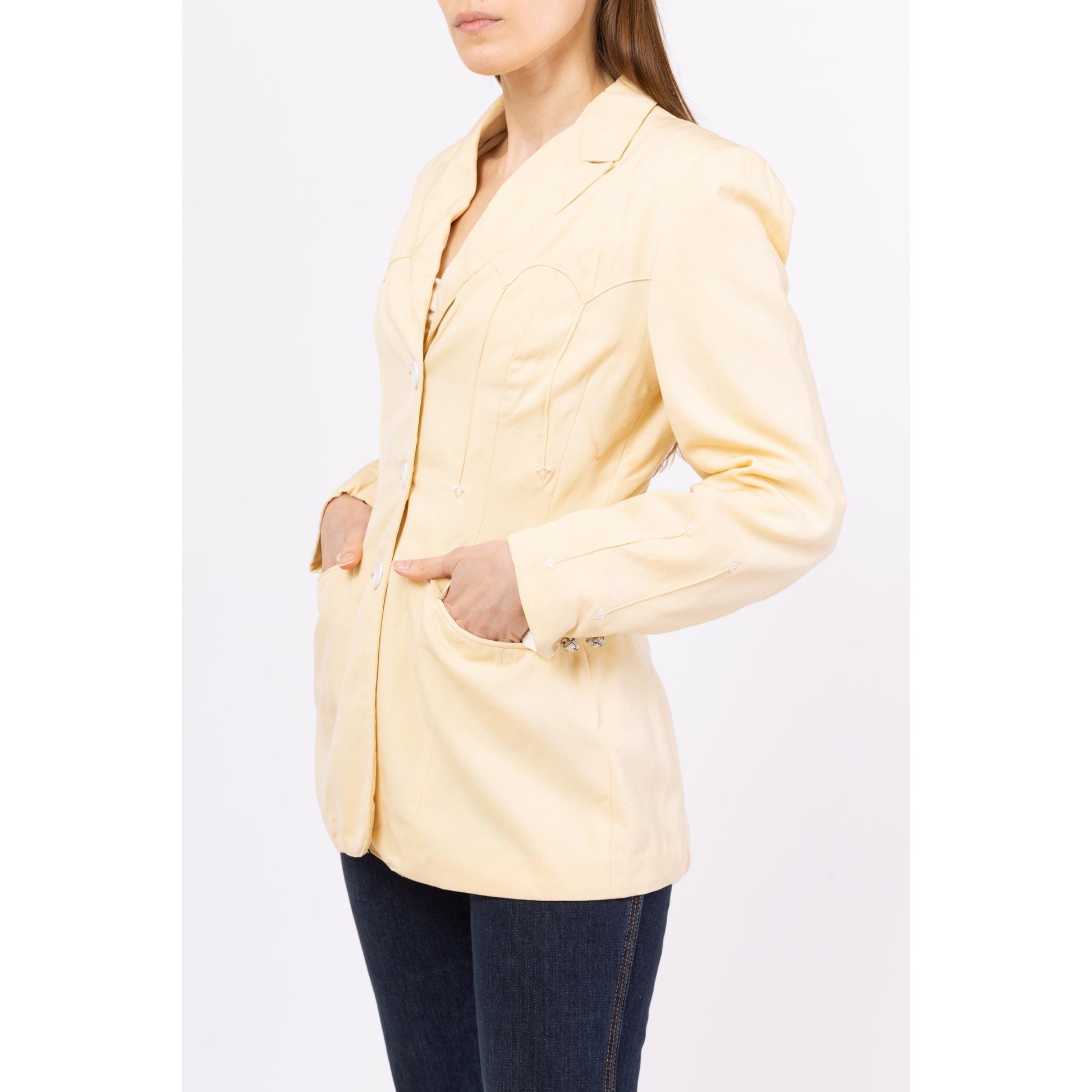 Vintage 1940s Western Cream Gabardine Wool Blazer - Small | 40s 50s Gross Denver Button Up Fitted Waist Rockabilly Suit Jacket
