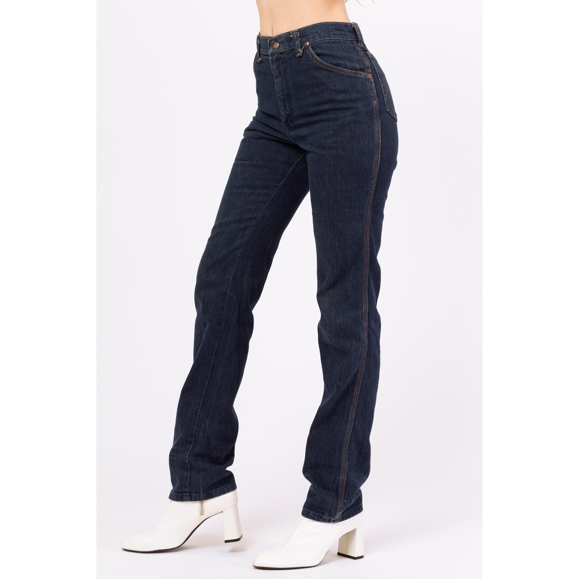 Vintage 70s Wrangler Dark Wash Western Jeans - Small | 1970s High Waisted Jeans, Straight Leg Denim