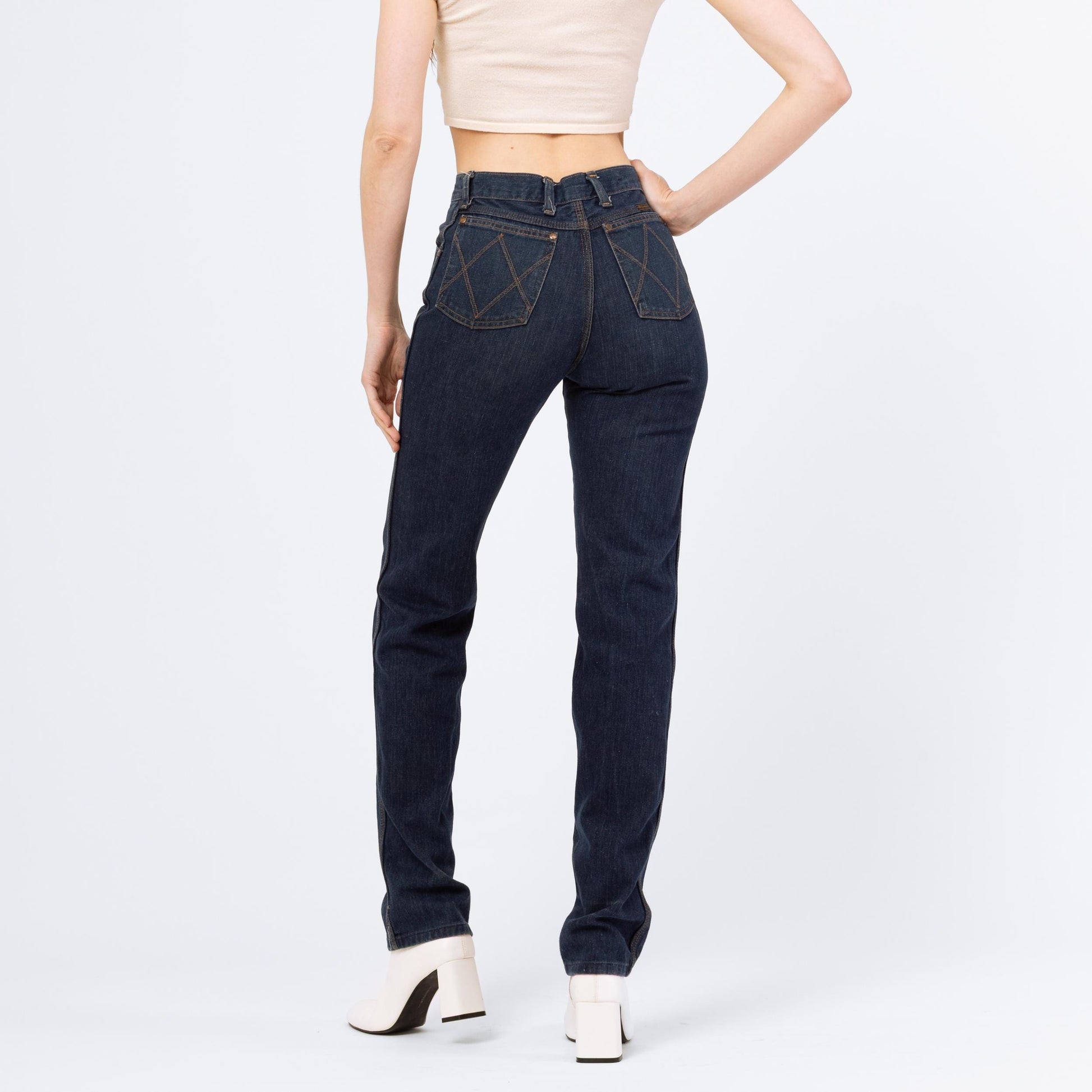 Vintage 70s Wrangler Dark Wash Western Jeans - Small | 1970s High Waisted Jeans, Straight Leg Denim