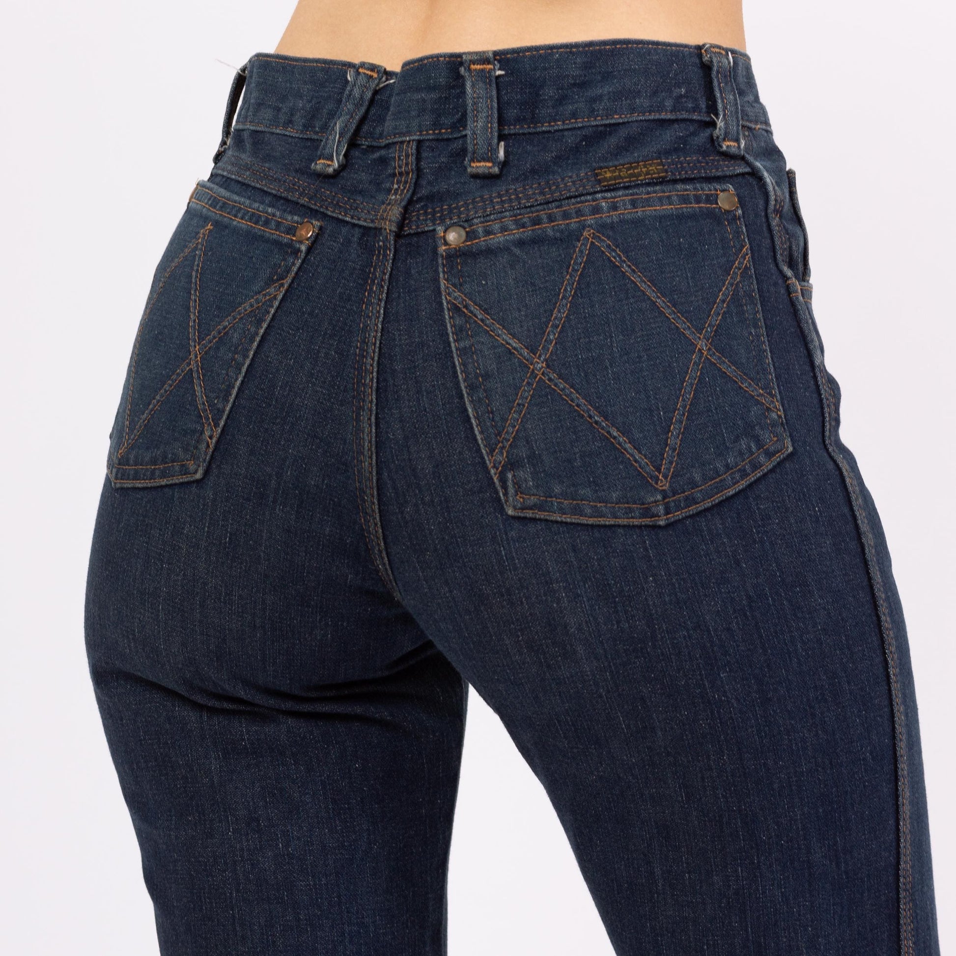 Vintage 70s Wrangler Dark Wash Western Jeans - Small | 1970s High Waisted Jeans, Straight Leg Denim
