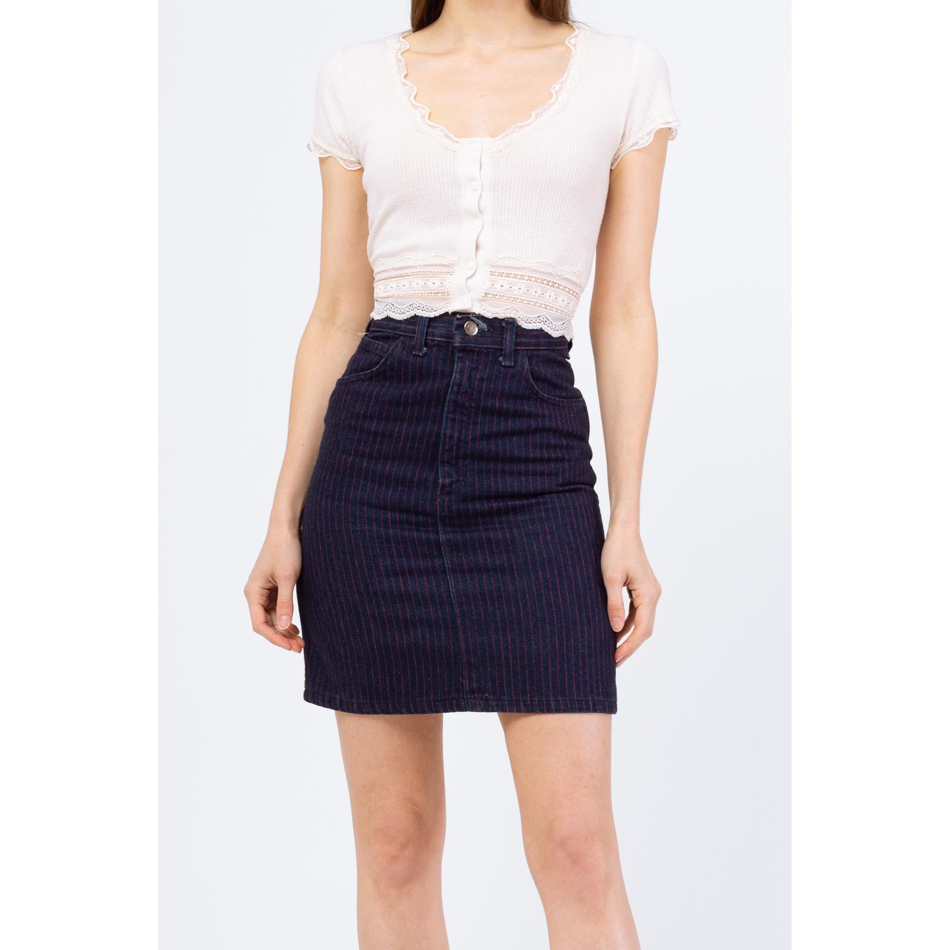 Vintage 70s Striped Dark Wash Denim Mini Skirt - Extra Small, 23” Waist | Pinstriped High Waisted Fitted A Line Jean Skirt