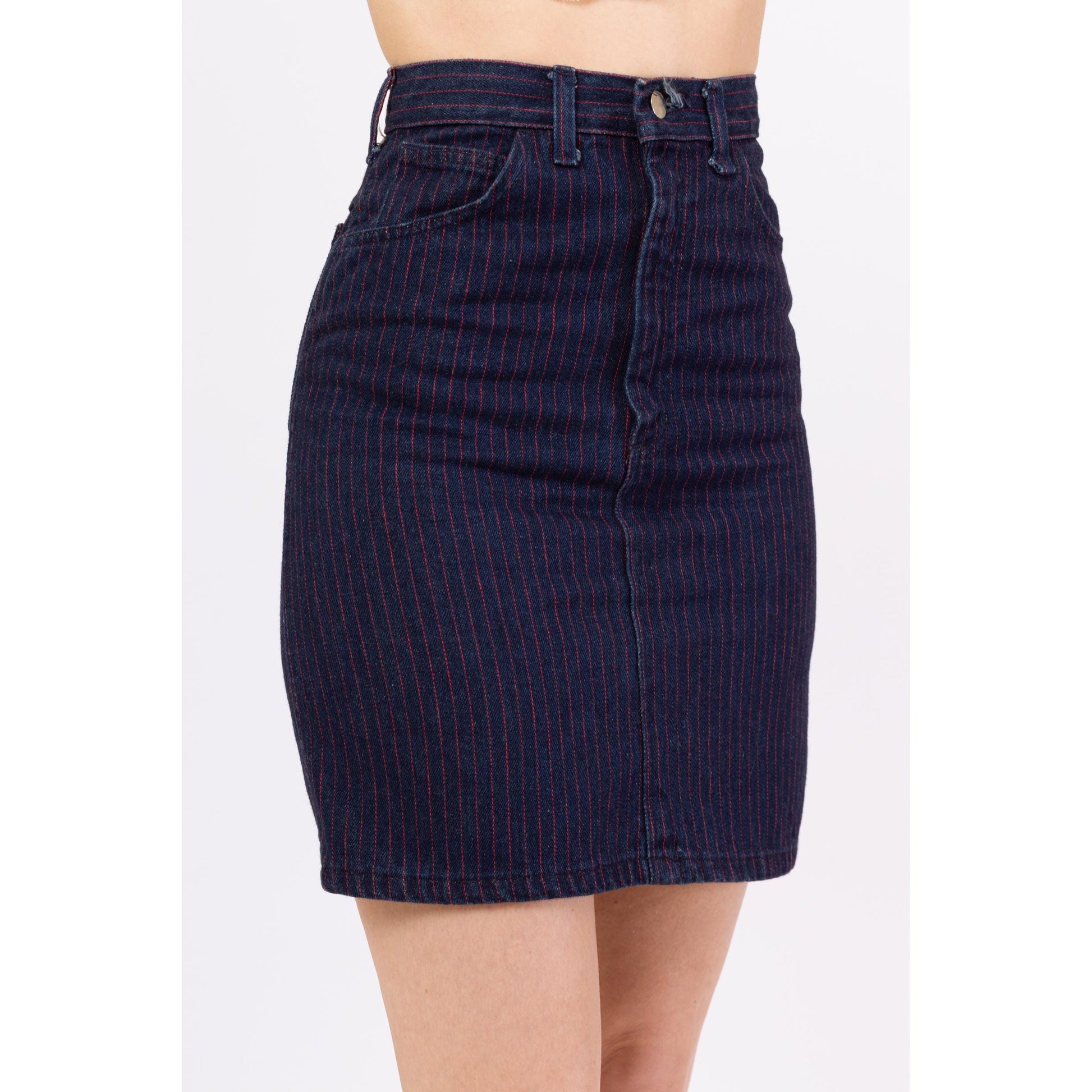 Vintage 70s Striped Dark Wash Denim Mini Skirt - Extra Small, 23” Waist | Pinstriped High Waisted Fitted A Line Jean Skirt
