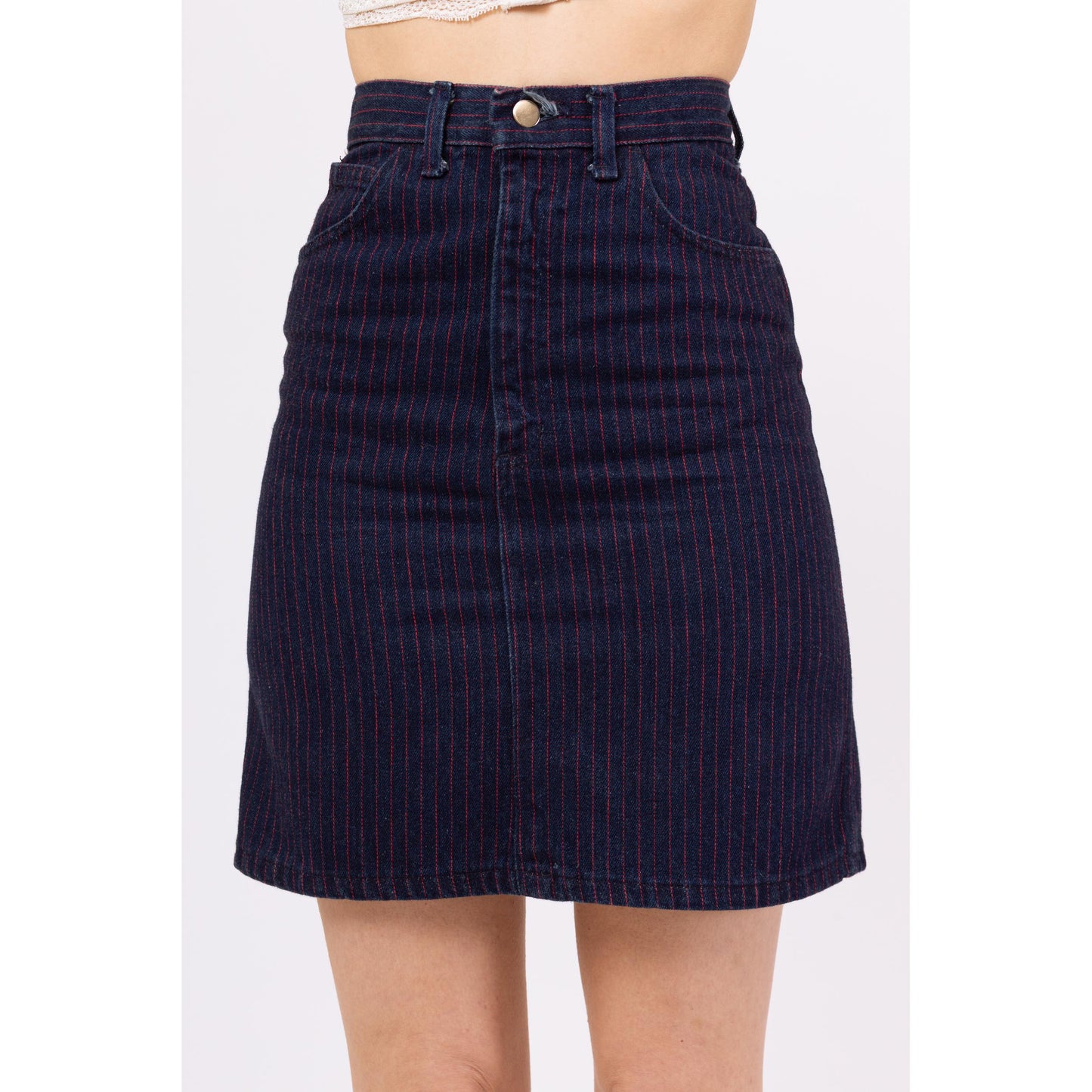 Vintage 70s Striped Dark Wash Denim Mini Skirt - Extra Small, 23” Waist | Pinstriped High Waisted Fitted A Line Jean Skirt