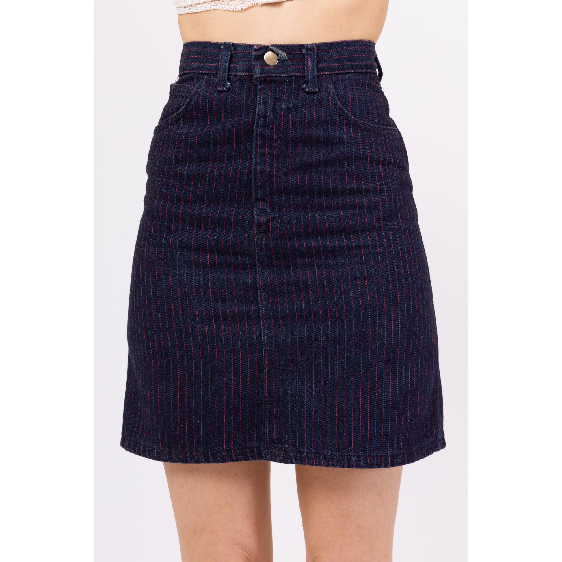 Vintage 70s Striped Dark Wash Denim Mini Skirt Extra Small, 23” Waist
