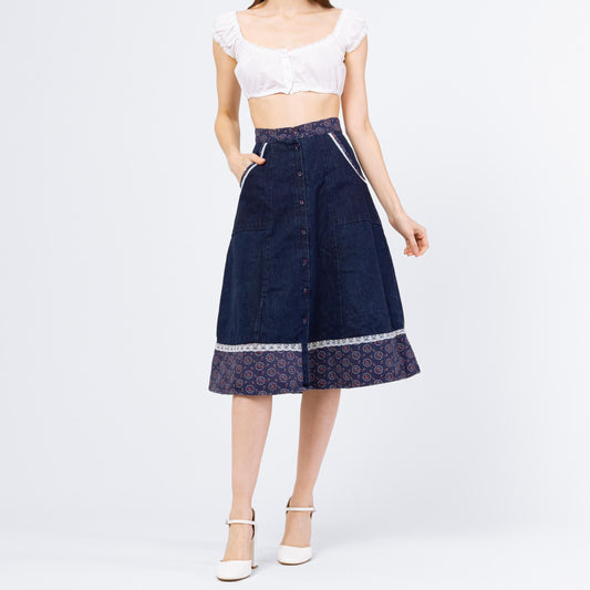 Vintage 70s Boho Denim Floral & Lace Trim Midi Skirt - Extra Small, 24" Waist | Dark Wash Button Up Blue Jean A Line Prairie Skirt