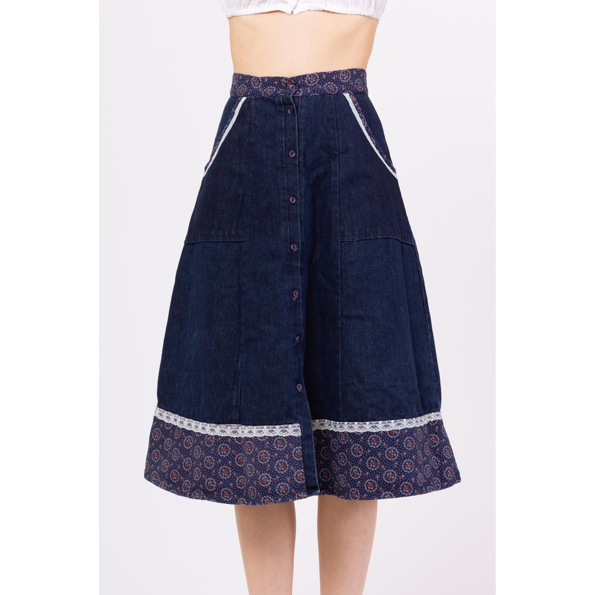 Vintage 70s Boho Denim Floral & Lace Trim Midi Skirt - Extra Small, 24" Waist | Dark Wash Button Up Blue Jean A Line Prairie Skirt