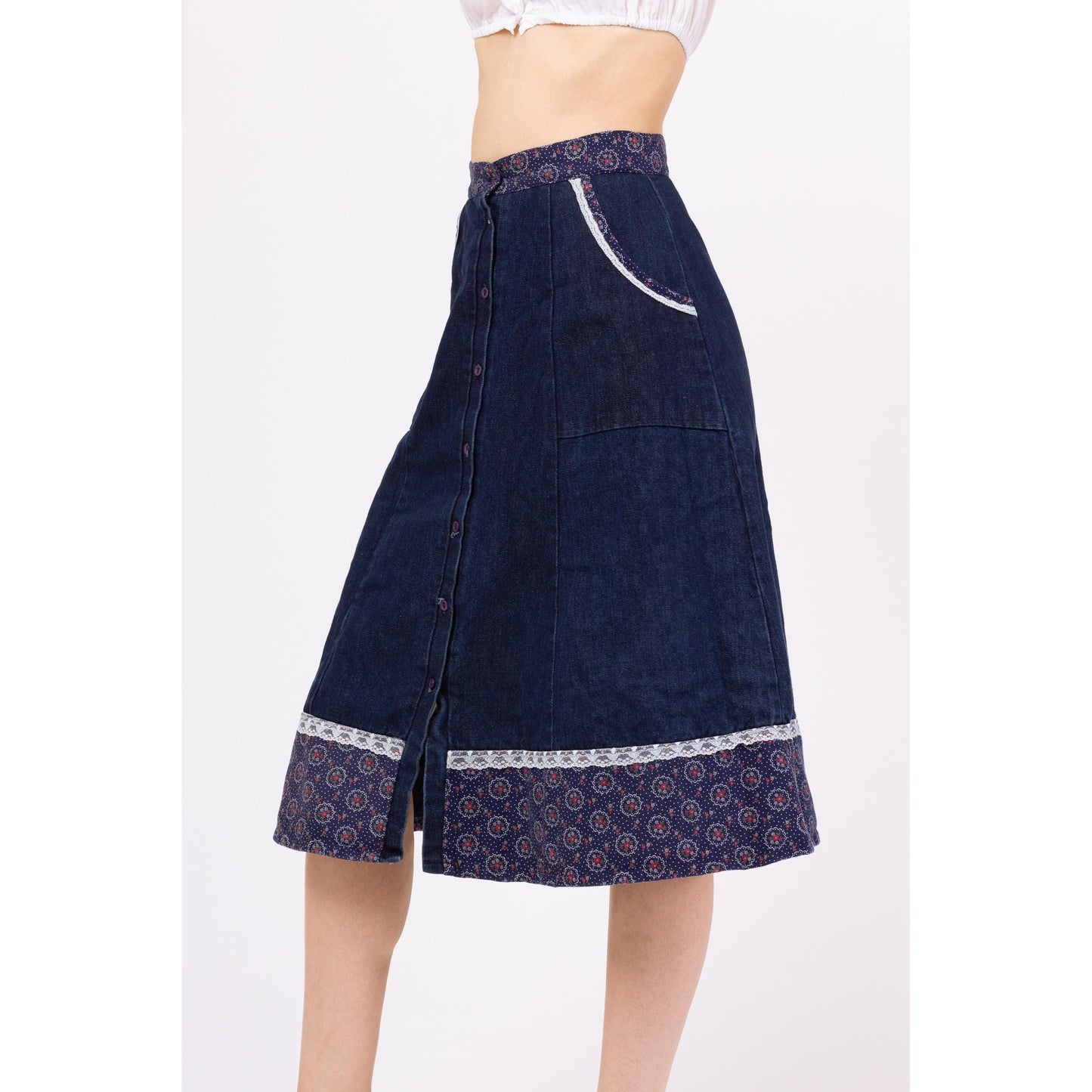 Vintage 70s Boho Denim Floral & Lace Trim Midi Skirt - Extra Small, 24" Waist | Dark Wash Button Up Blue Jean A Line Prairie Skirt
