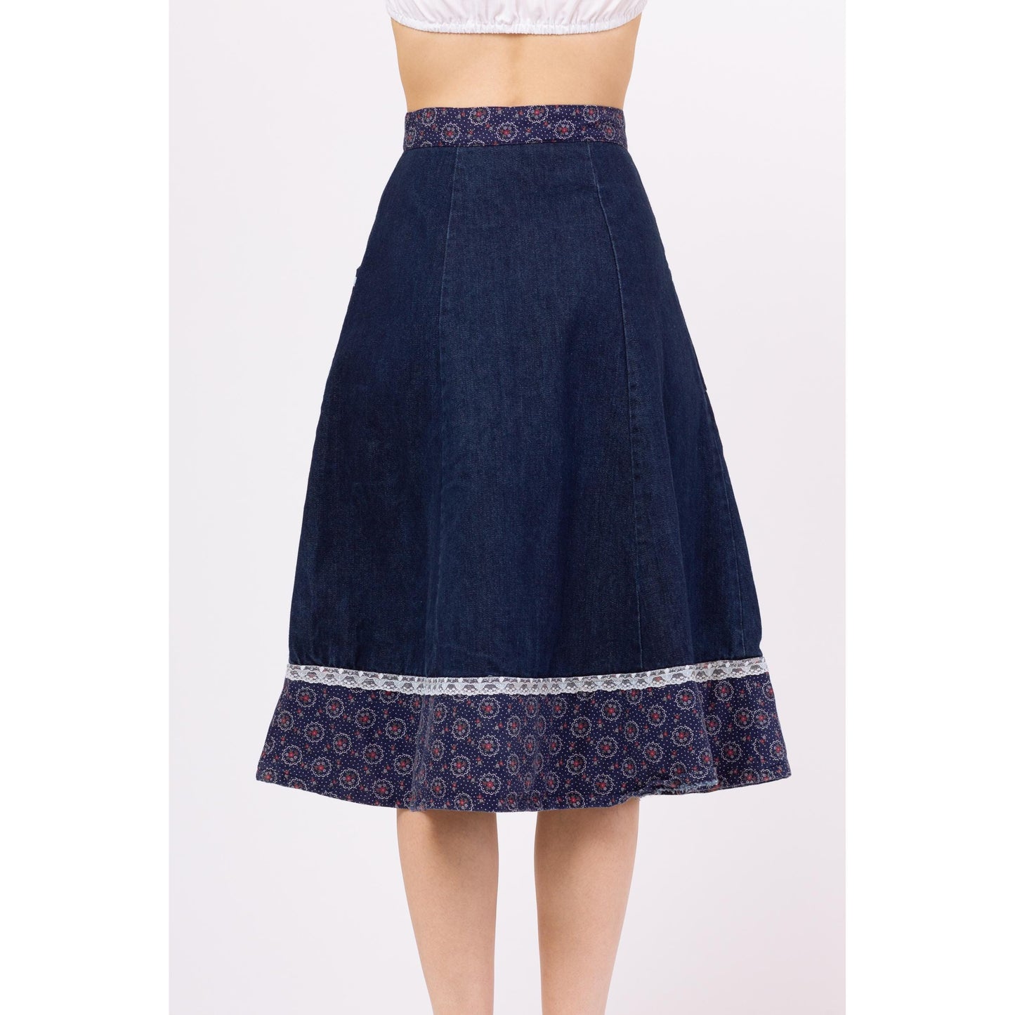 Vintage 70s Boho Denim Floral & Lace Trim Midi Skirt - Extra Small, 24" Waist | Dark Wash Button Up Blue Jean A Line Prairie Skirt