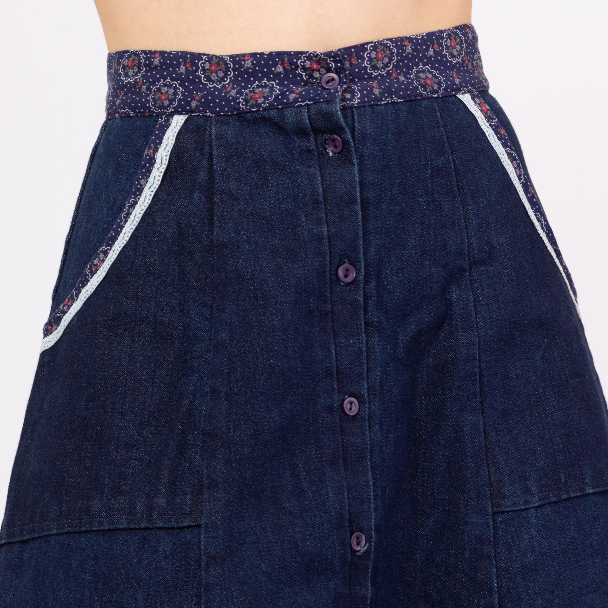 Vintage 70s Boho Denim Floral & Lace Trim Midi Skirt - Extra Small, 24" Waist | Dark Wash Button Up Blue Jean A Line Prairie Skirt