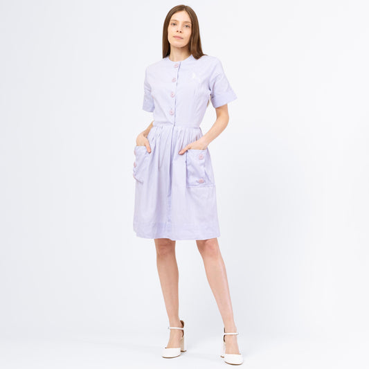 Vintage 40s 50s Pastel Purple Novelty Embroidered Horse Shirtdress - Medium | Retro Short Sleeve Knee Length Shirtwaist Midi Pocket Dress