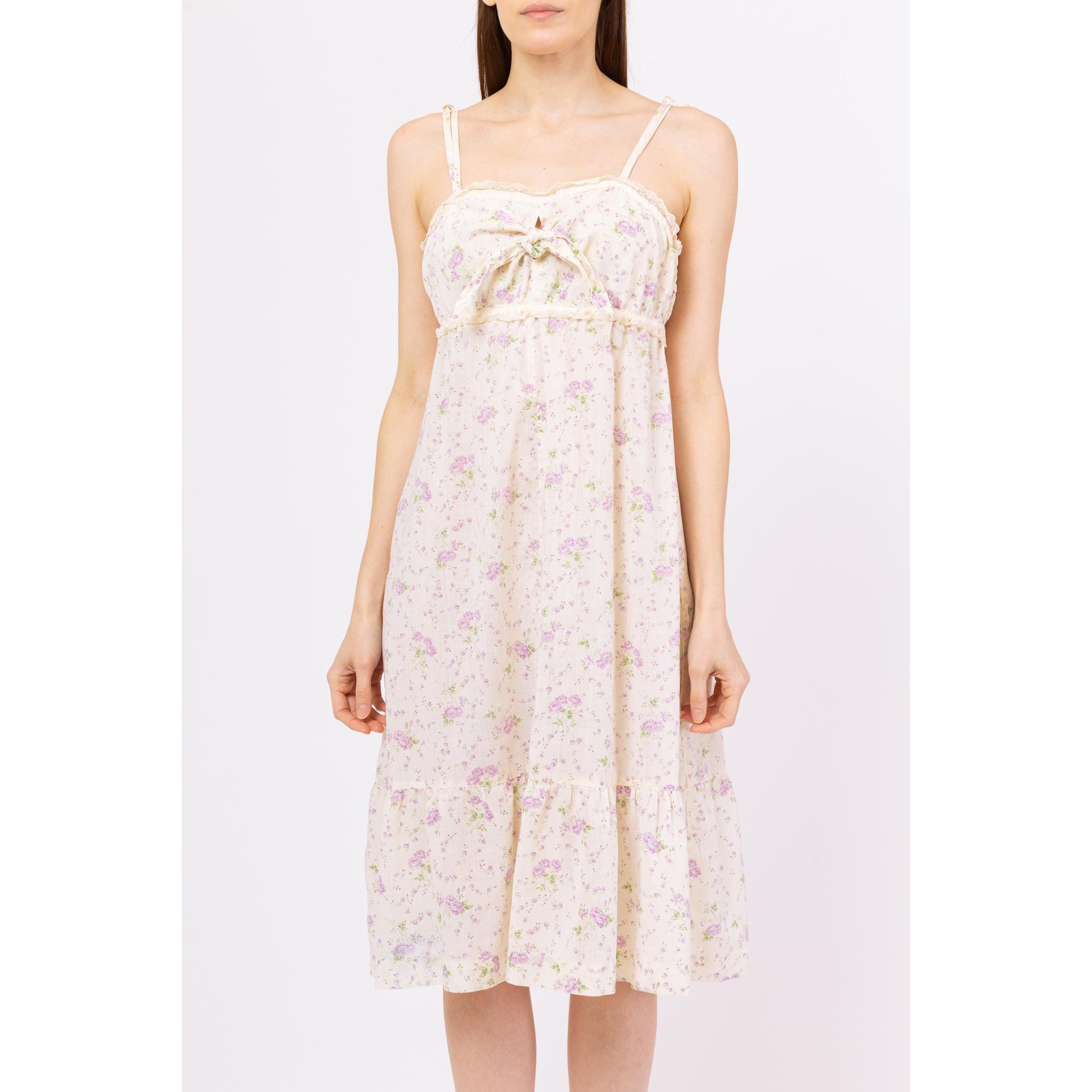 Vintage 70s Boho Floral Tie Front Midi Sundress - Medium | Vintage Cream & Purple Calico Flower Print A Line Midi Dress