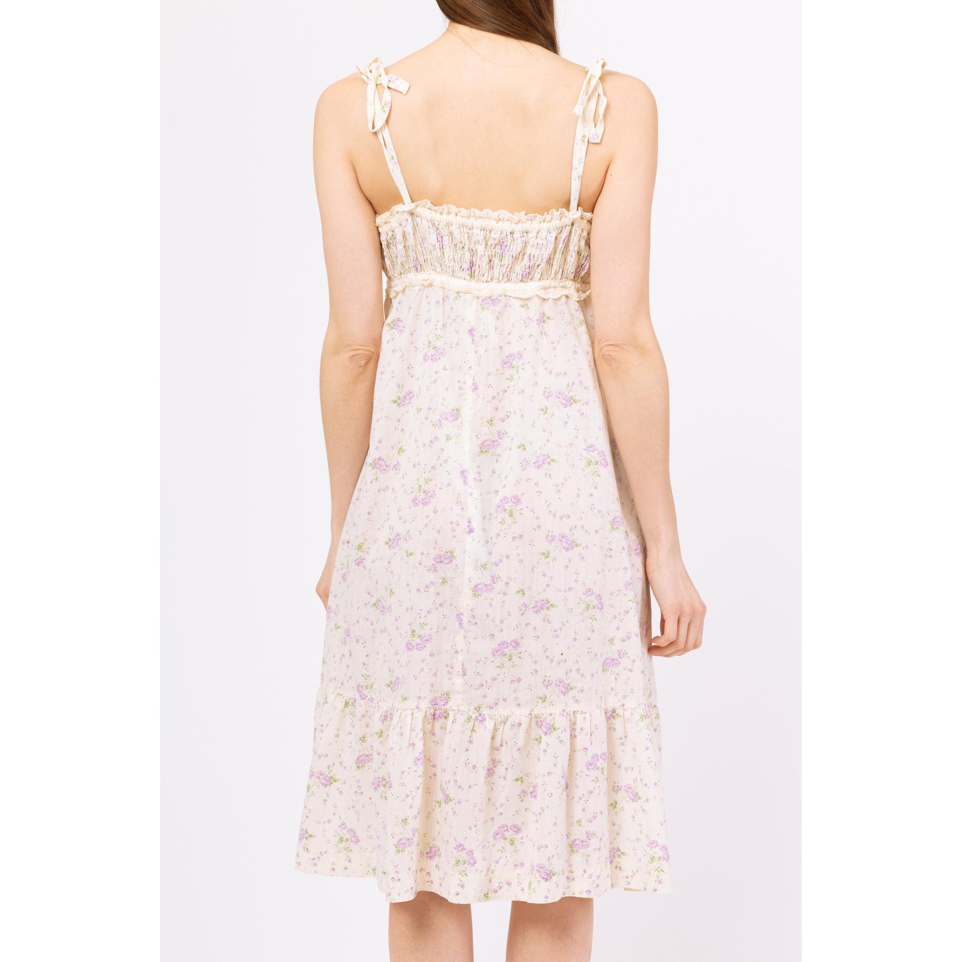 Vintage 70s Boho Floral Tie Front Midi Sundress - Medium | Vintage Cream & Purple Calico Flower Print A Line Midi Dress