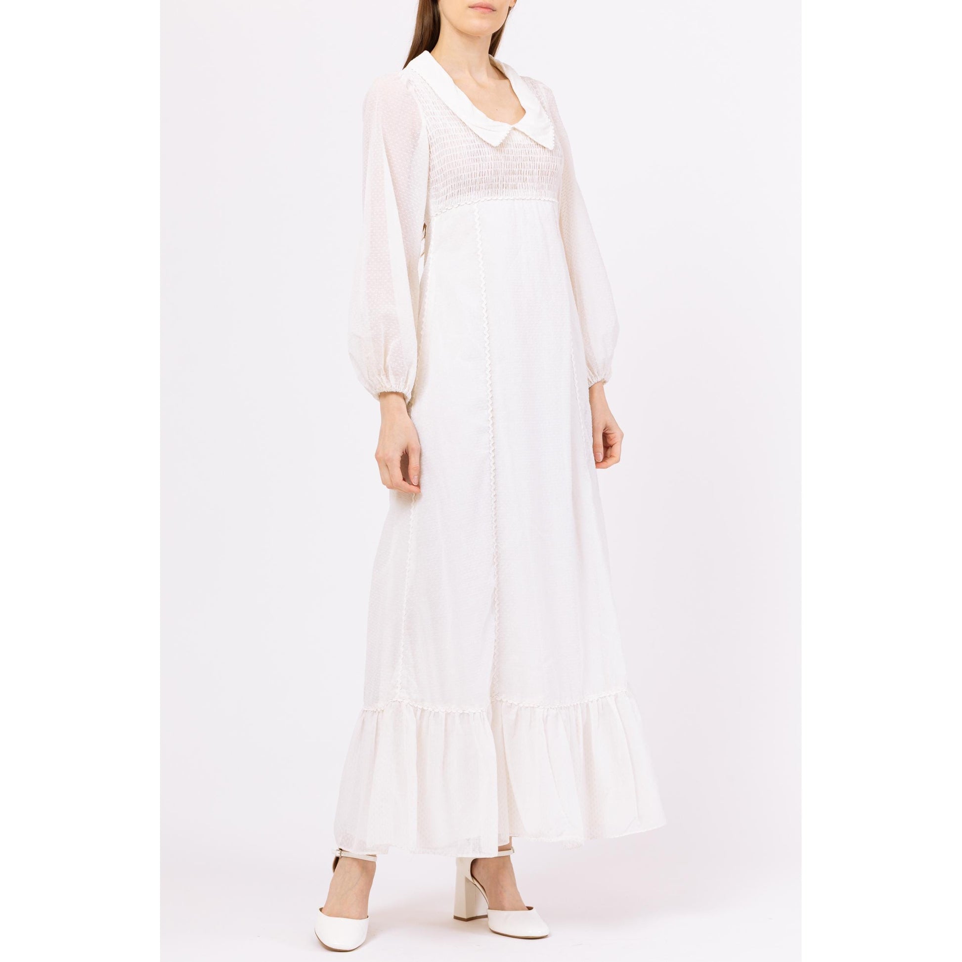 Vintage 70s Candi Jones White Swiss Dot Cottagecore Prairie Gown - Extra Small | Boho Gunne Sax Style Sheer Sleeve Maxi Wedding Dress