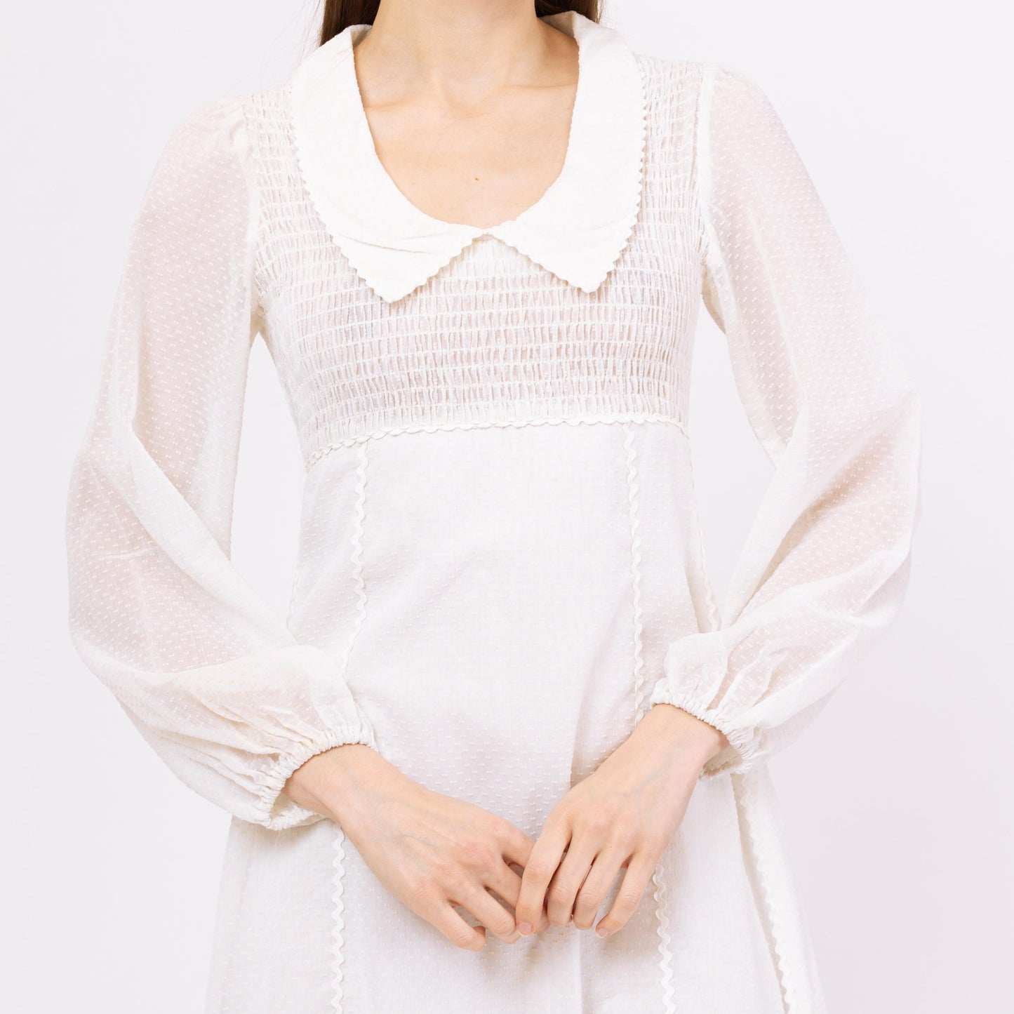 Vintage 70s Candi Jones White Swiss Dot Cottagecore Prairie Gown - Extra Small | Boho Gunne Sax Style Sheer Sleeve Maxi Wedding Dress