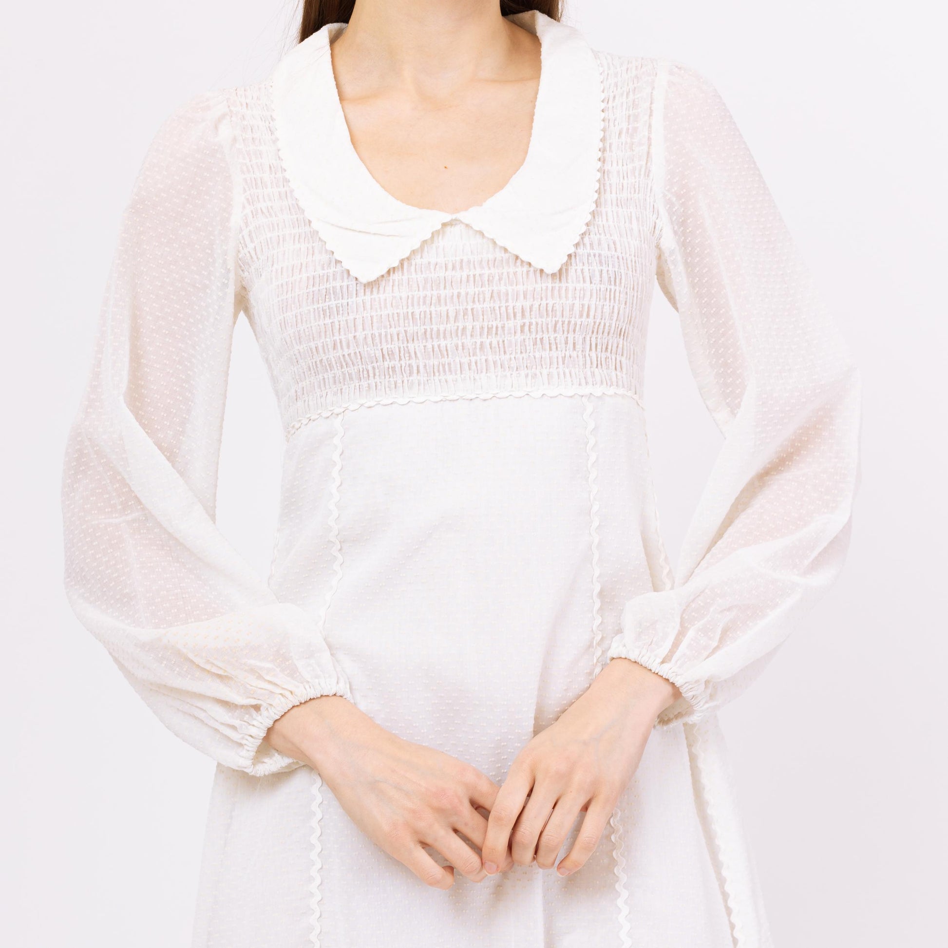 Vintage 70s Candi Jones White Swiss Dot Cottagecore Prairie Gown - Extra Small | Boho Gunne Sax Style Sheer Sleeve Maxi Wedding Dress