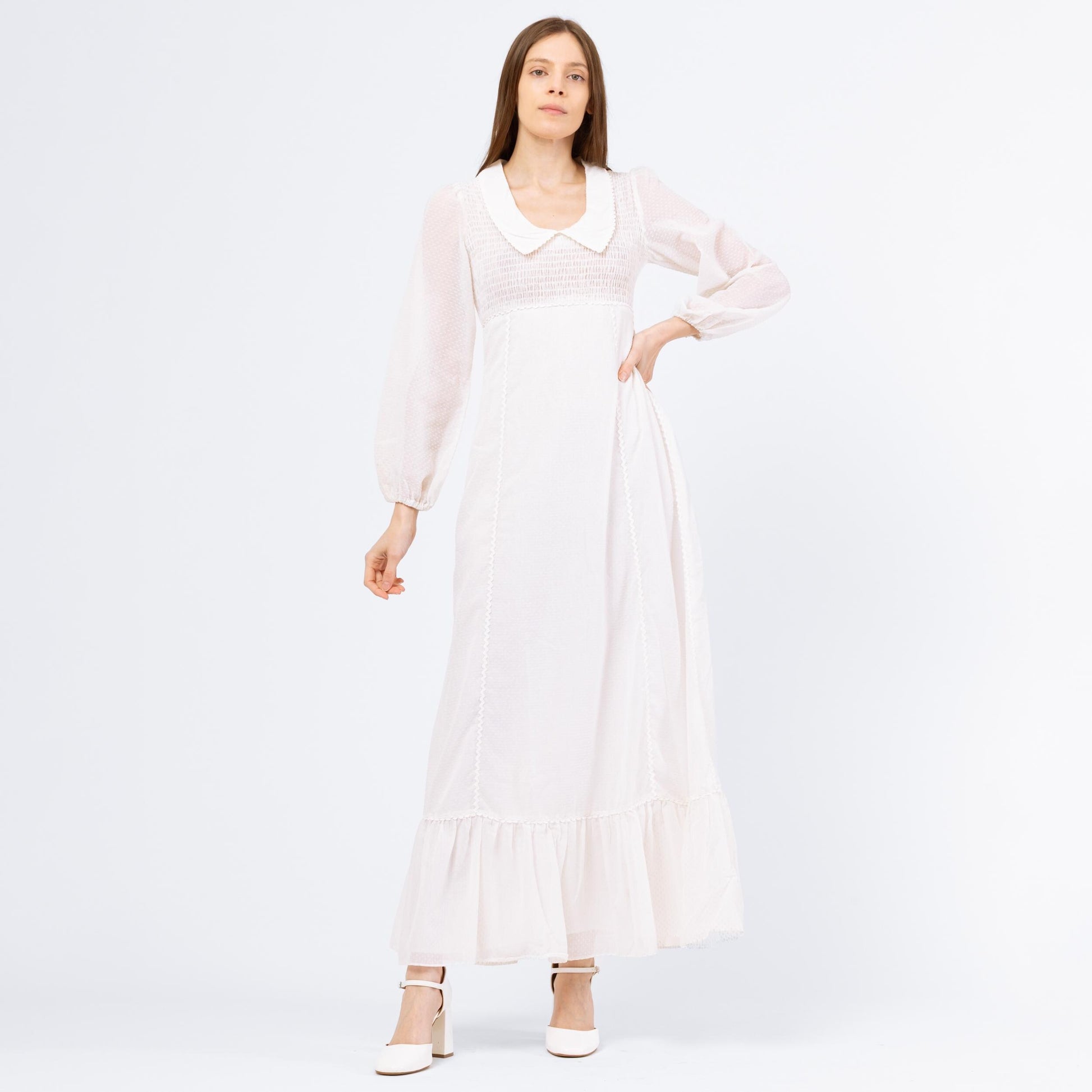 Vintage 70s Candi Jones White Swiss Dot Cottagecore Prairie Gown - Extra Small | Boho Gunne Sax Style Sheer Sleeve Maxi Wedding Dress