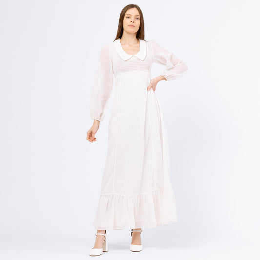 Vintage 70s Candi Jones White Swiss Dot Cottagecore Prairie Gown - Extra Small | Boho Gunne Sax Style Sheer Sleeve Maxi Wedding Dress