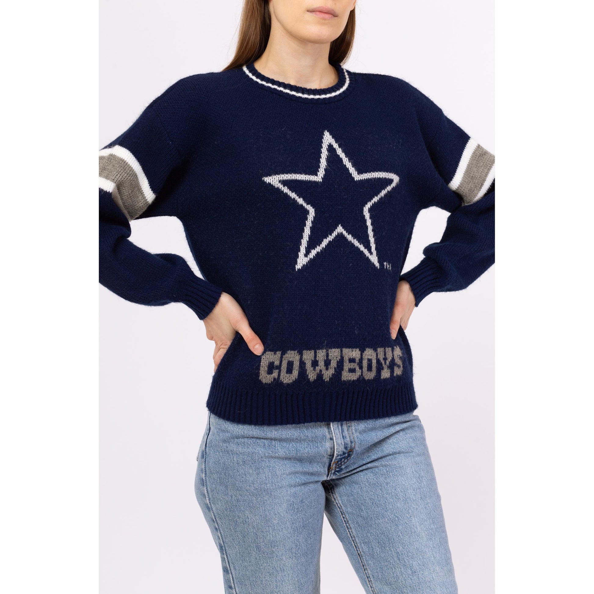 Vintage 80s Dallas Cowboys NFL Sweater - Small to Medium | Unisex Football Varsity Stripe Navy Blue Knit Pullover