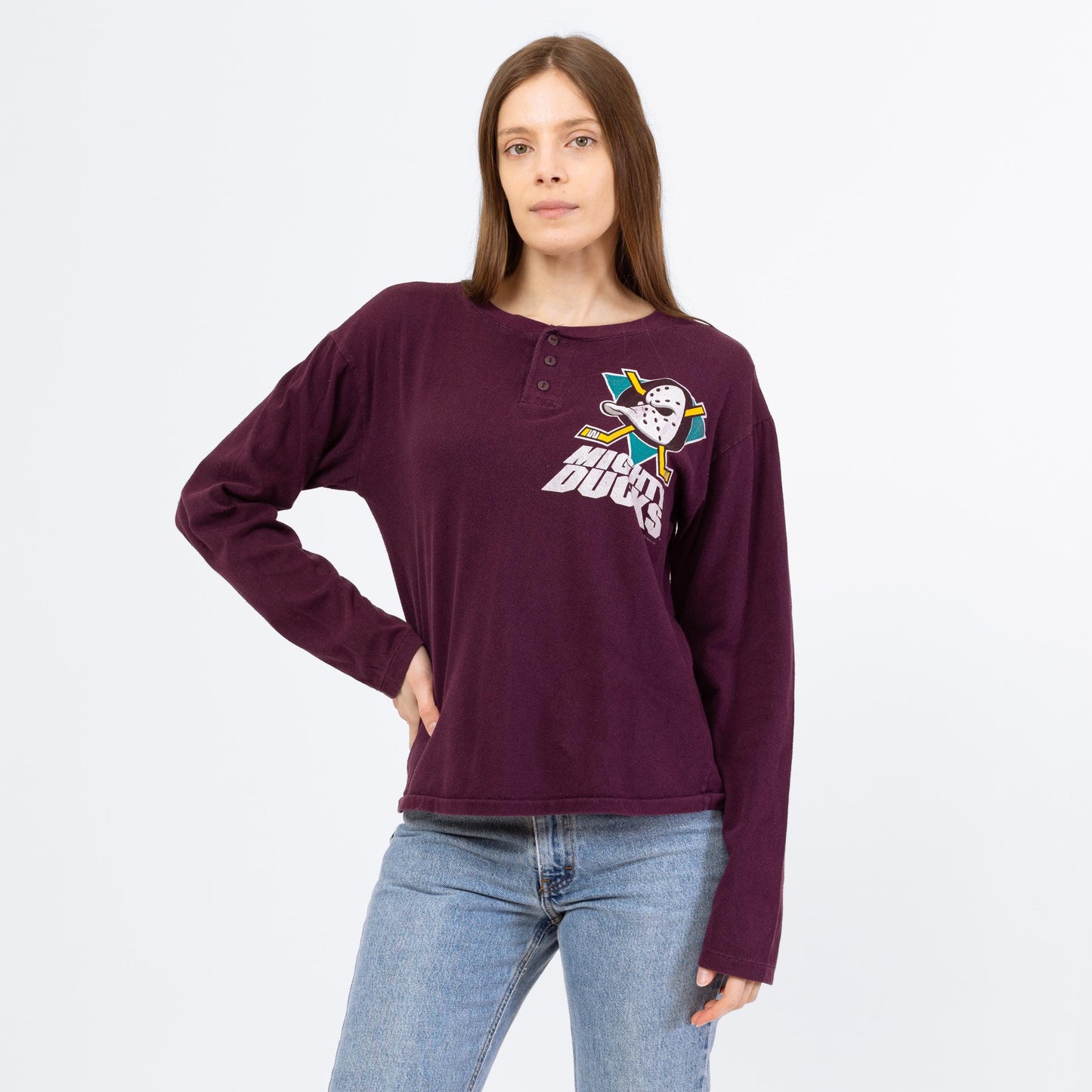 Vintage 90s Anaheim Mighty Ducks Henley Shirt - Medium | Unisex NHL Hockey Graphic Long Sleeve Tee