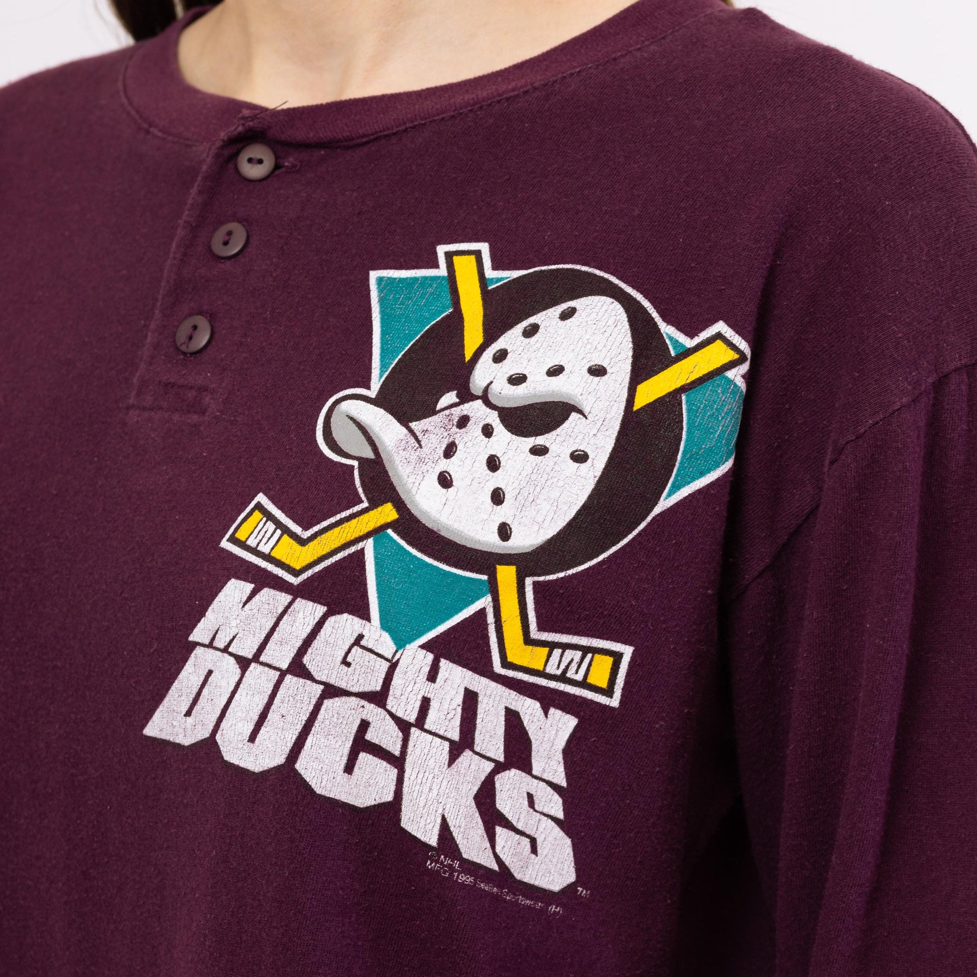 Vintage 90s Anaheim Mighty Ducks Henley Shirt - Medium | Unisex NHL Hockey Graphic Long Sleeve Tee
