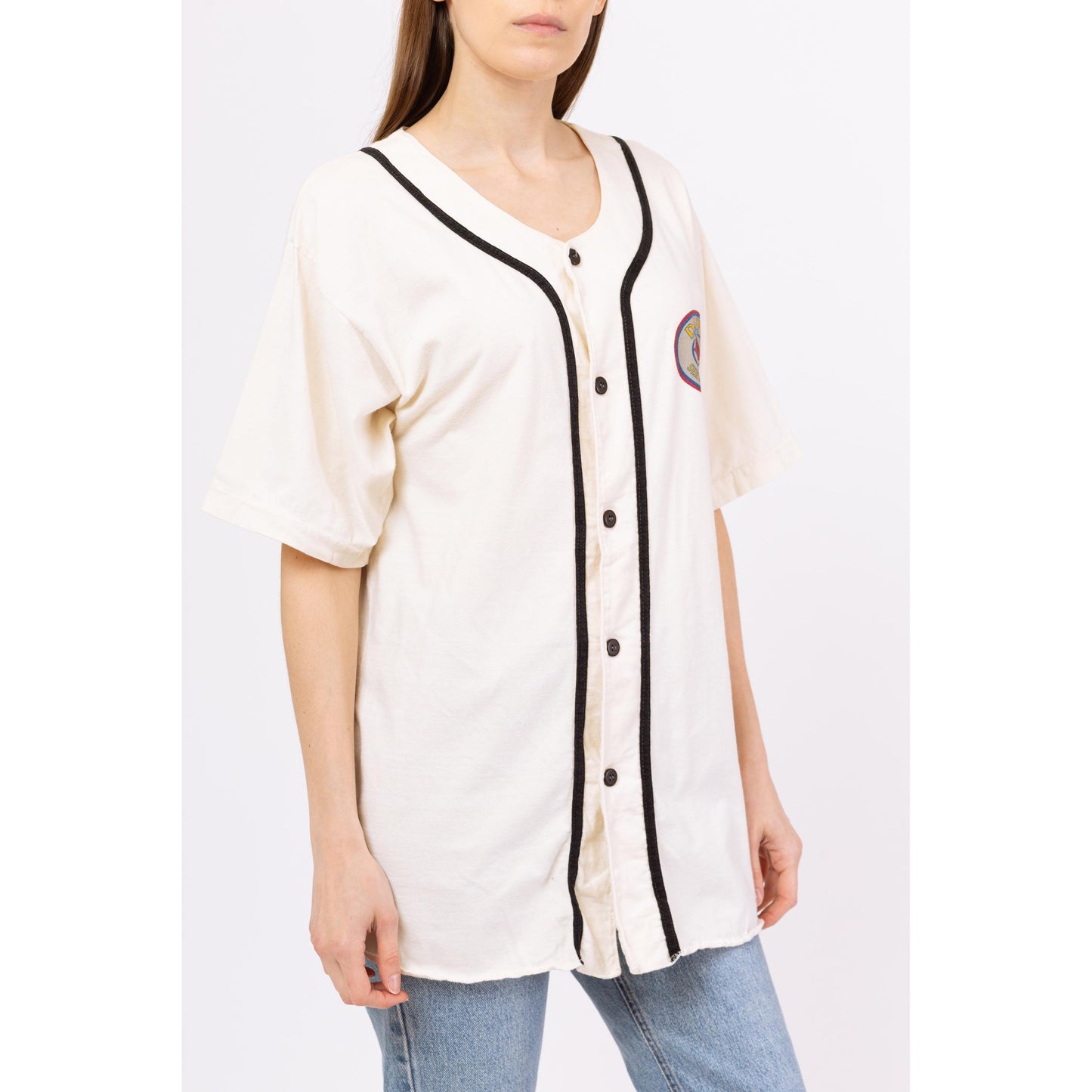 Vintage 90s Looney Tunes Daffy Duck Service Station Baseball Shirt - Large | Unisex Streetwear Cartoon White Button Up Athletic Jersey Top