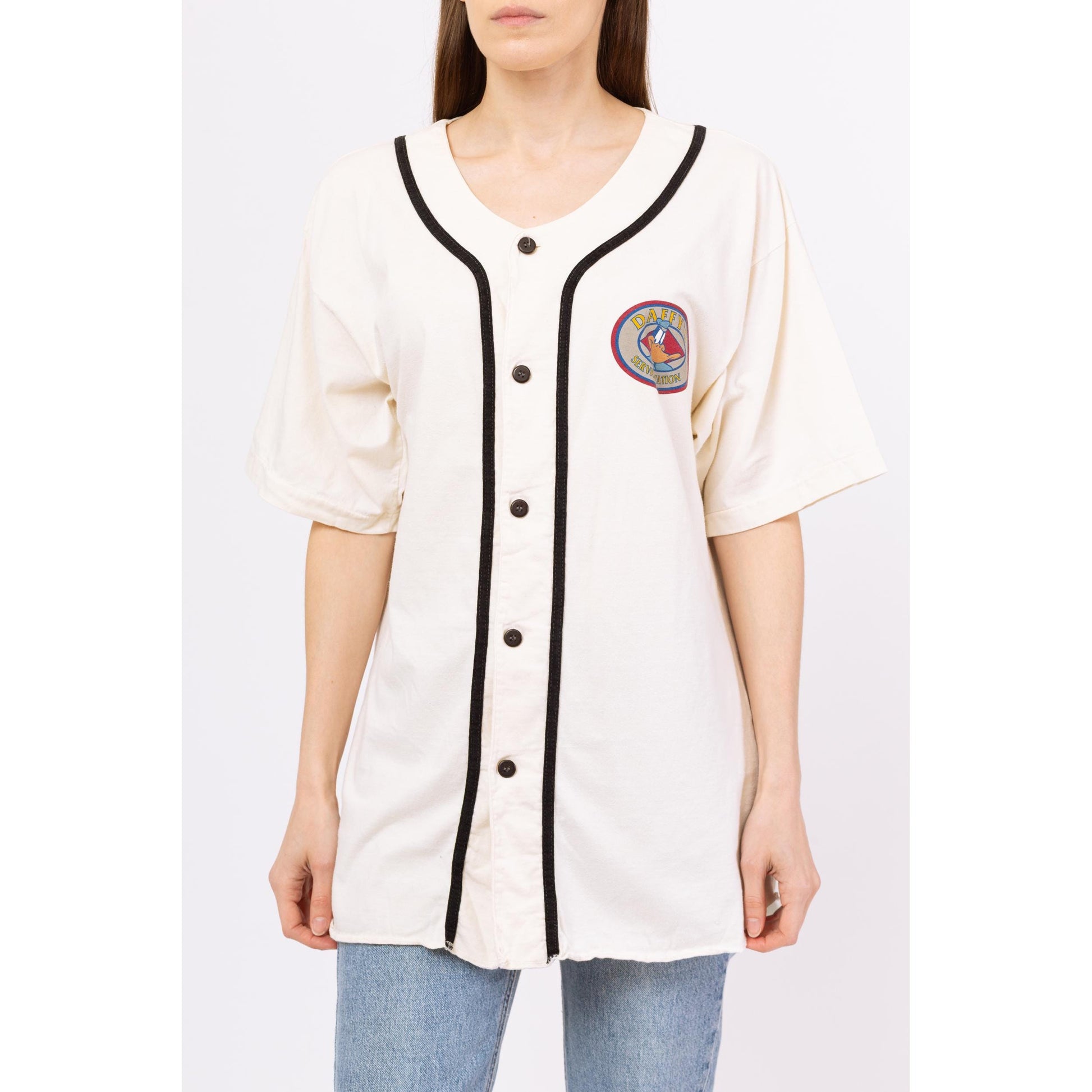 Vintage 90s Looney Tunes Daffy Duck Service Station Baseball Shirt - Large | Unisex Streetwear Cartoon White Button Up Athletic Jersey Top