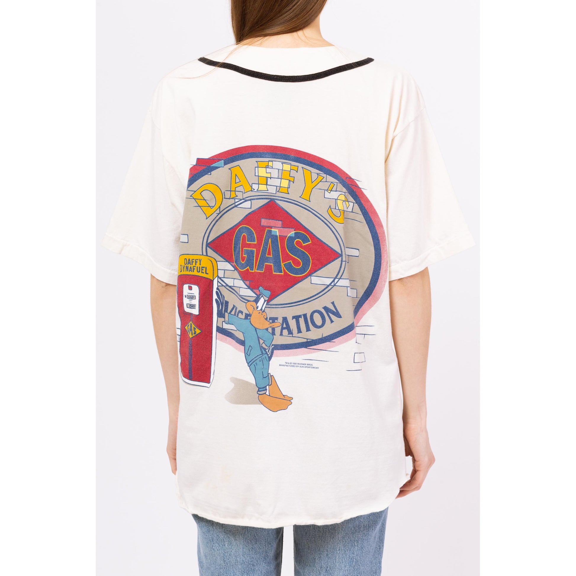 Vintage 90s Looney Tunes Daffy Duck Service Station Baseball Shirt - Large | Unisex Streetwear Cartoon White Button Up Athletic Jersey Top