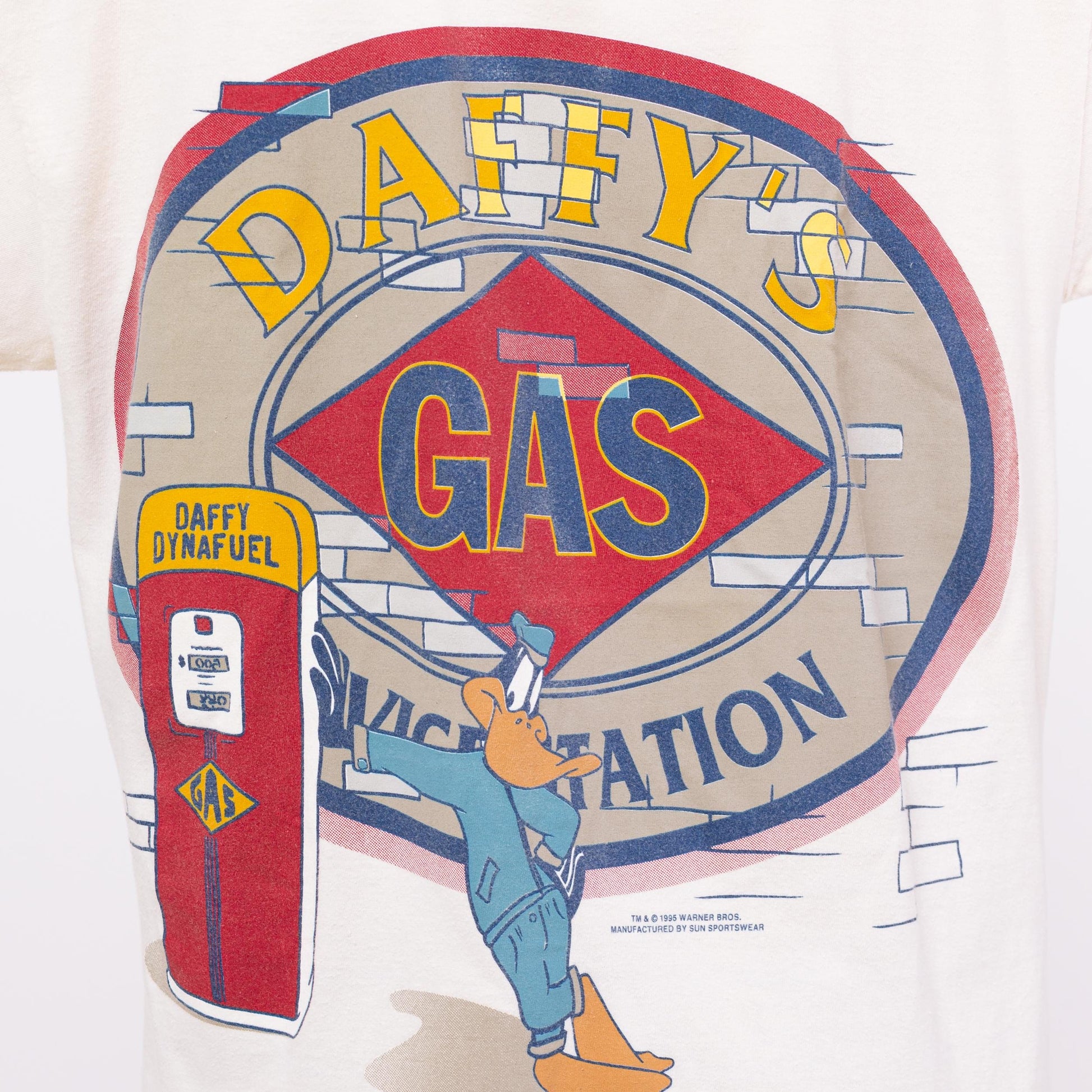 Vintage 90s Looney Tunes Daffy Duck Service Station Baseball Shirt - Large | Unisex Streetwear Cartoon White Button Up Athletic Jersey Top