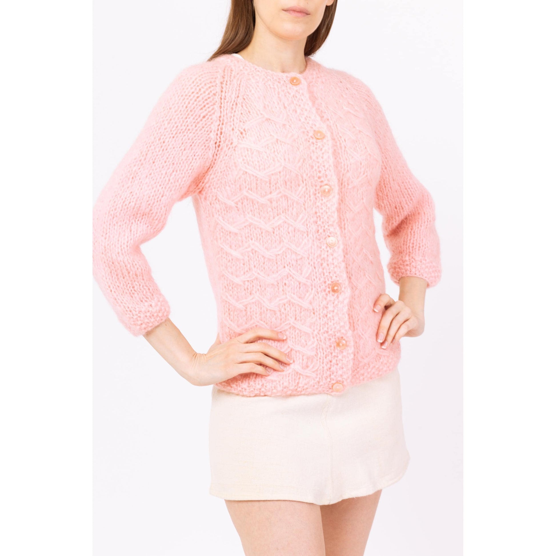 Vintage 60s Pastel Pink Mohair Knit Cardigan - Extra Small | Soft Girl Coquette Aesthetic, Light Pink Fuzzy Cable Knit Button Up Sweater