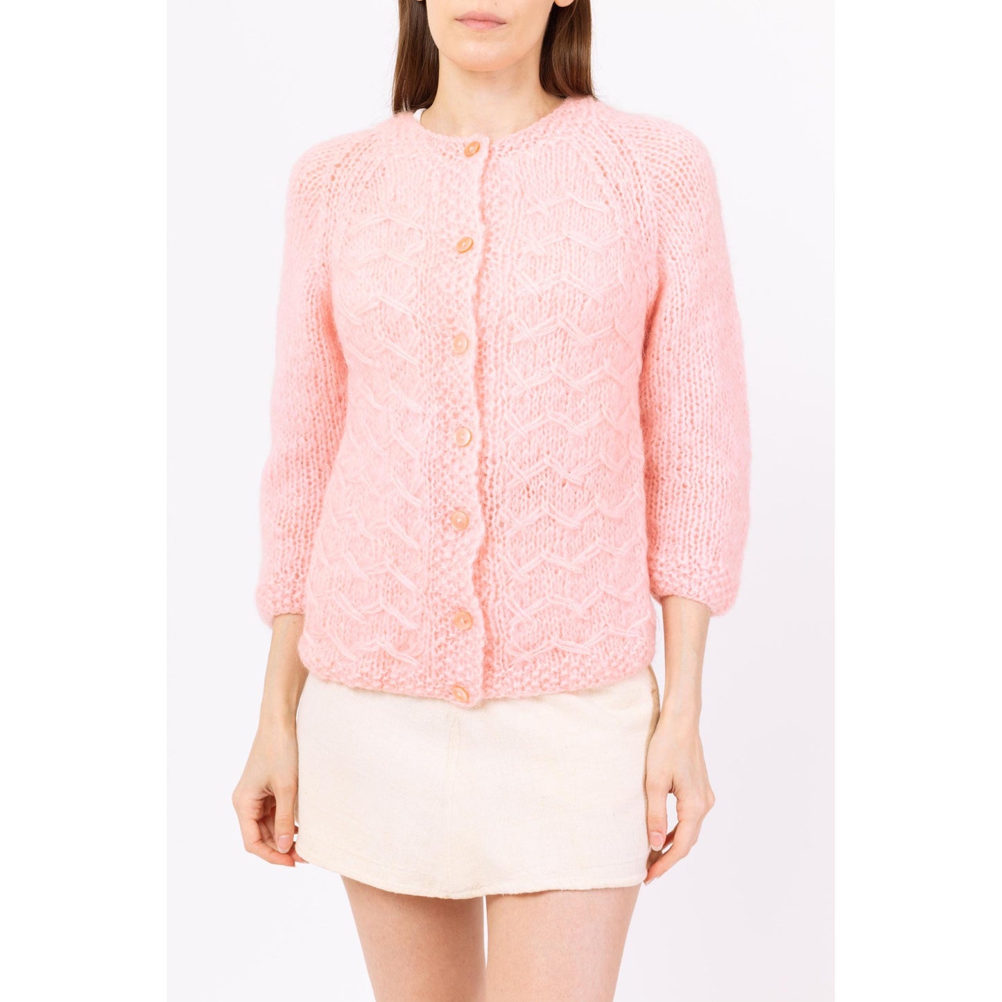 Vintage 60s Pastel Pink Mohair Knit Cardigan - Extra Small | Soft Girl Coquette Aesthetic, Light Pink Fuzzy Cable Knit Button Up Sweater