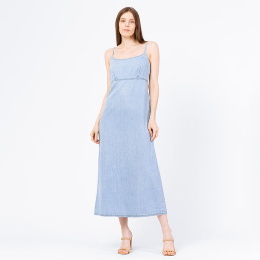 Vintage 90s Light Blue Chambray Maxi Dress - Small | Minimalist A Line Spaghetti Strap Grunge Denim Sundress
