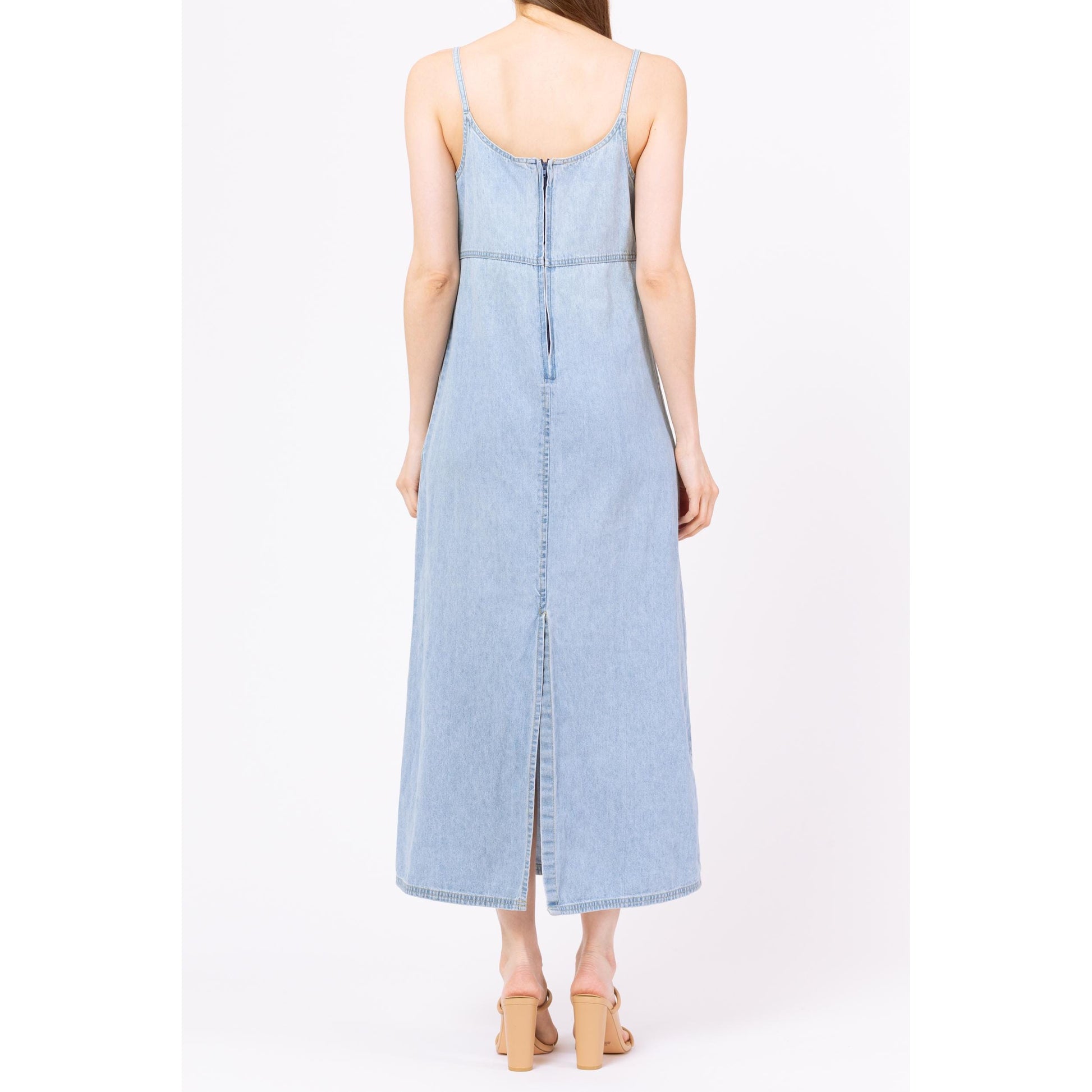 Vintage 90s Light Blue Chambray Maxi Dress - Small | Minimalist A Line Spaghetti Strap Grunge Denim Sundress