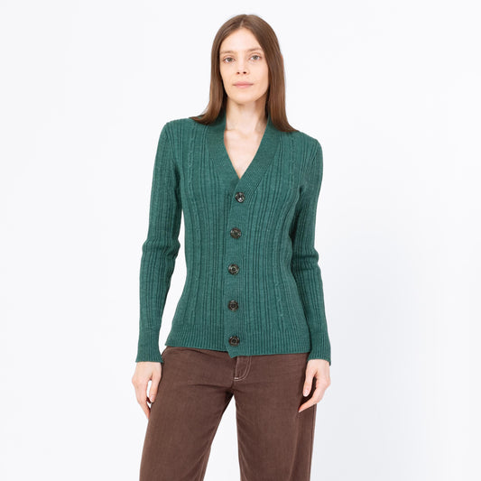 Vintage 80s Emerald Green Cable Knit Fitted Cardigan - Small | Button Up V Neck Lightweight Sweater