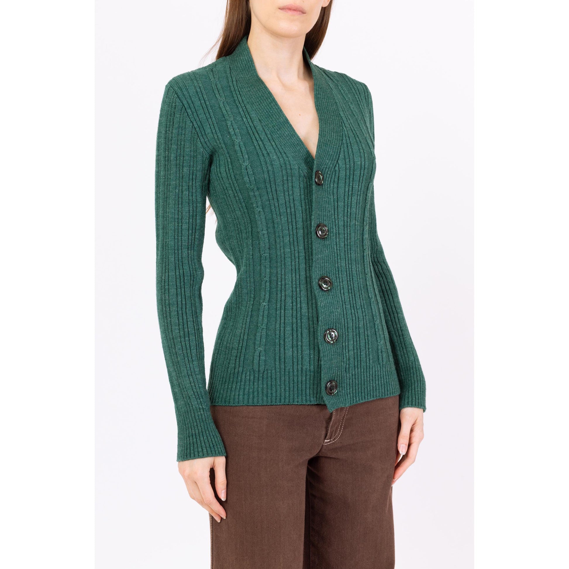 Vintage 80s Emerald Green Cable Knit Fitted Cardigan - Small | Button Up V Neck Lightweight Sweater