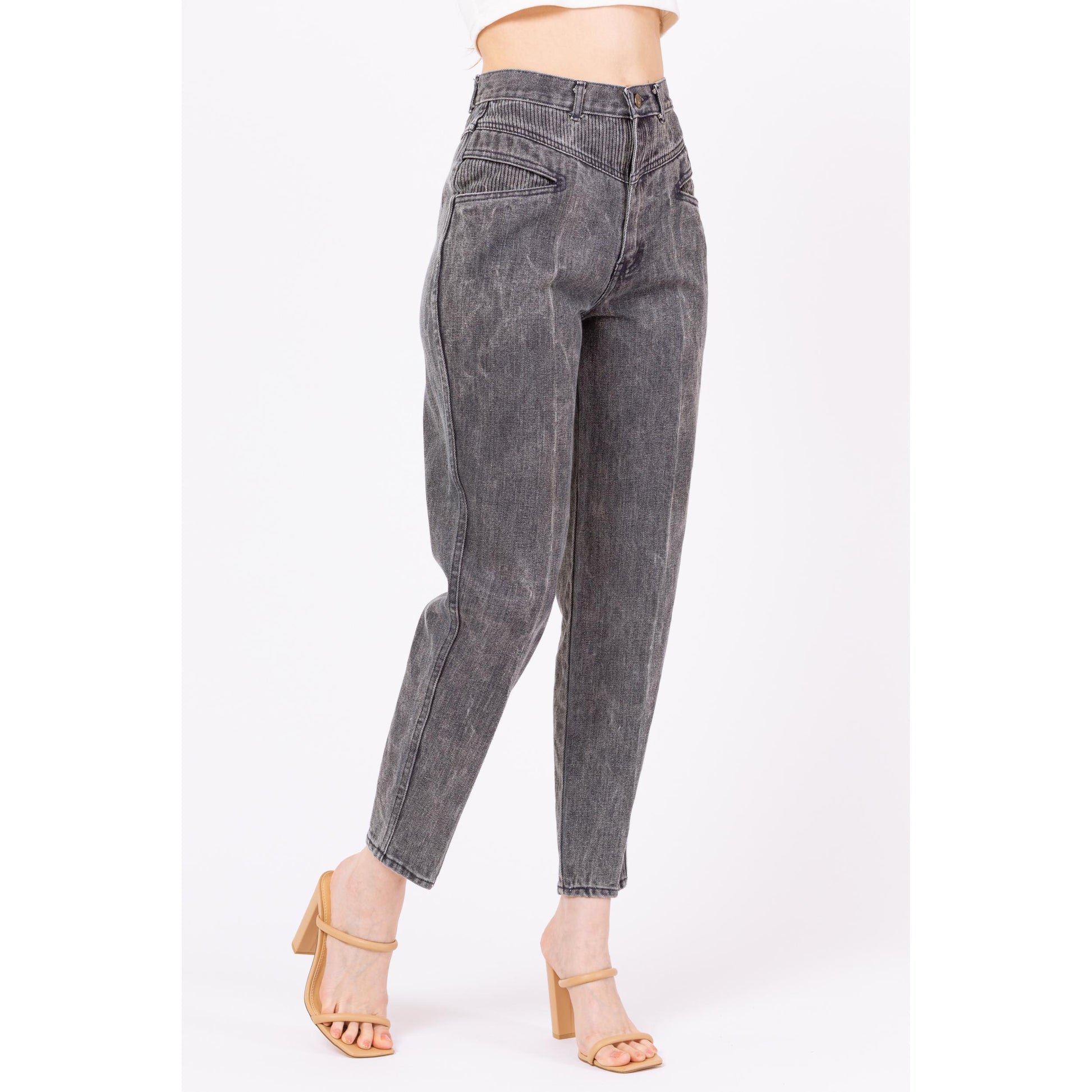 Vintage 80s Slate Grey Acid Wash Jeans - Small, 26" Waist | High Waisted Ribbed Denim Slant Pocket Yoked Streetwear Mom Jeans